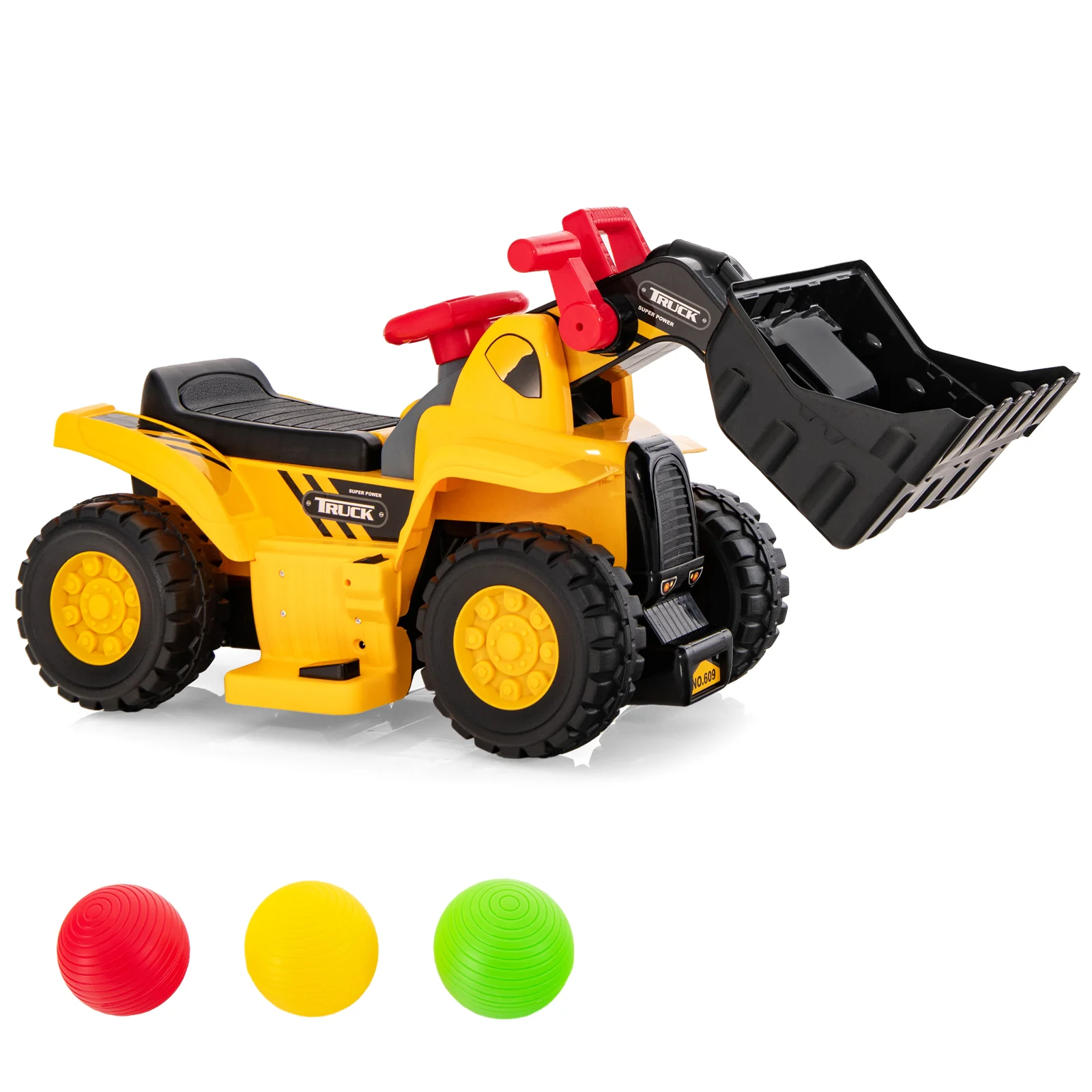 6V Kids Ride On Bulldozer, Folding Basketball Hoop, Yellow - Image 3