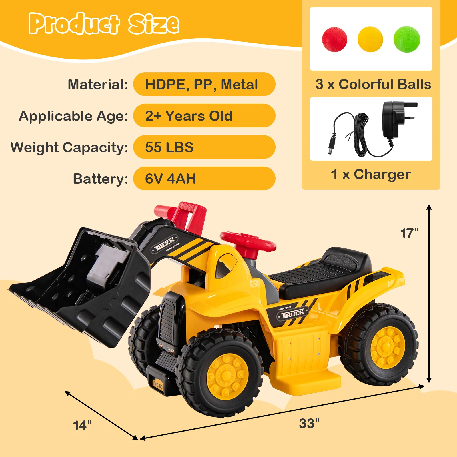 6V Kids Ride On Bulldozer, Folding Basketball Hoop, Yellow - Image 4