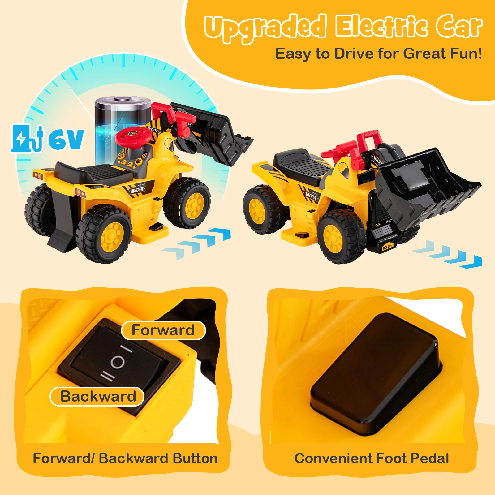 6V Kids Ride On Bulldozer, Folding Basketball Hoop, Yellow - Image 5