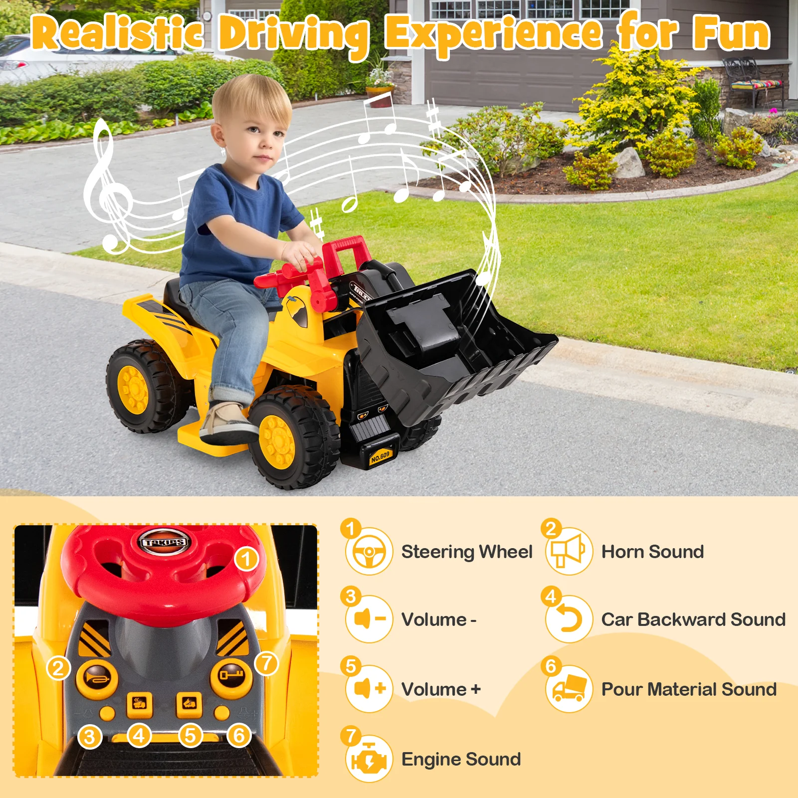 6V Kids Ride On Bulldozer, Folding Basketball Hoop, Yellow - Image 6
