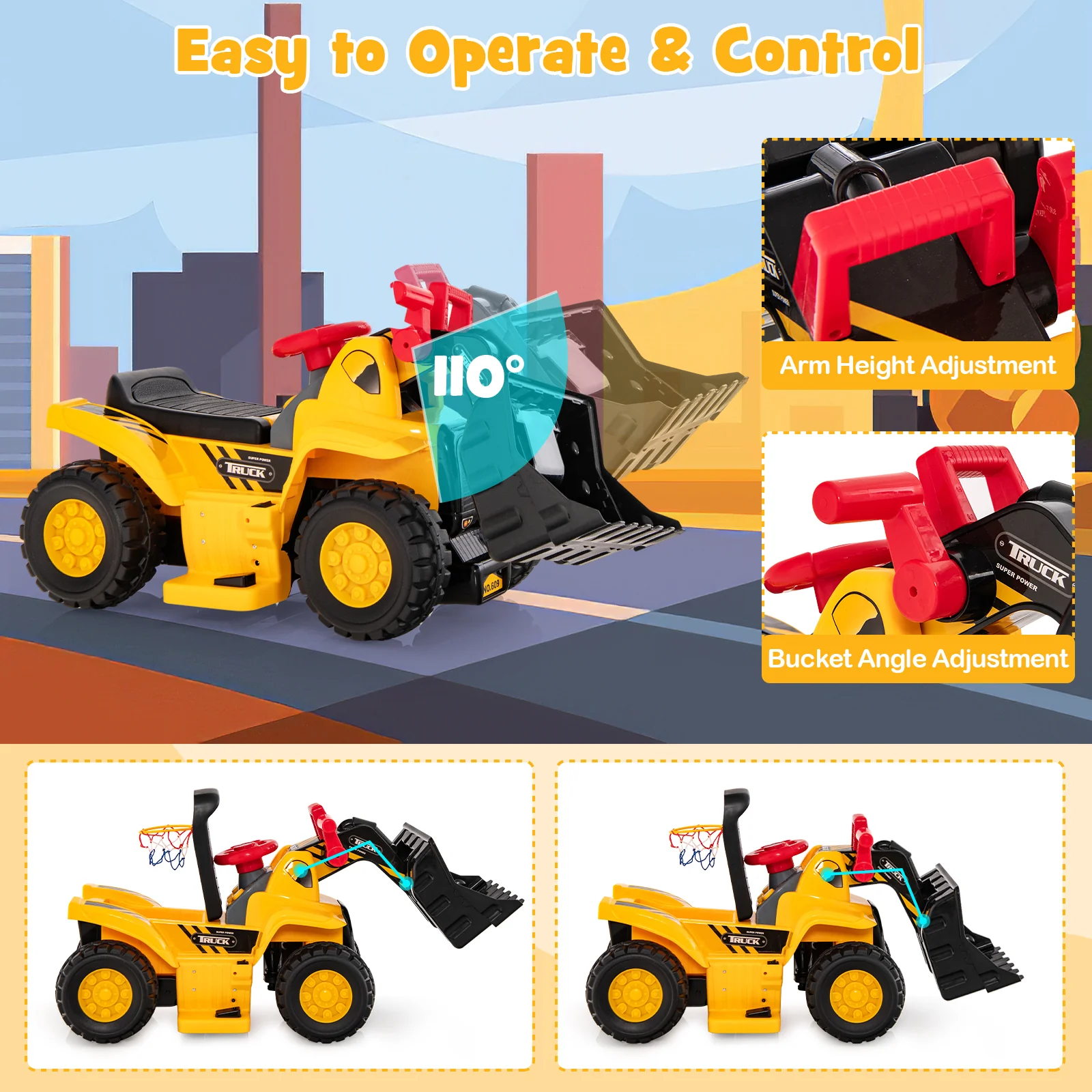 6V Kids Ride On Bulldozer, Folding Basketball Hoop, Yellow - Image 7