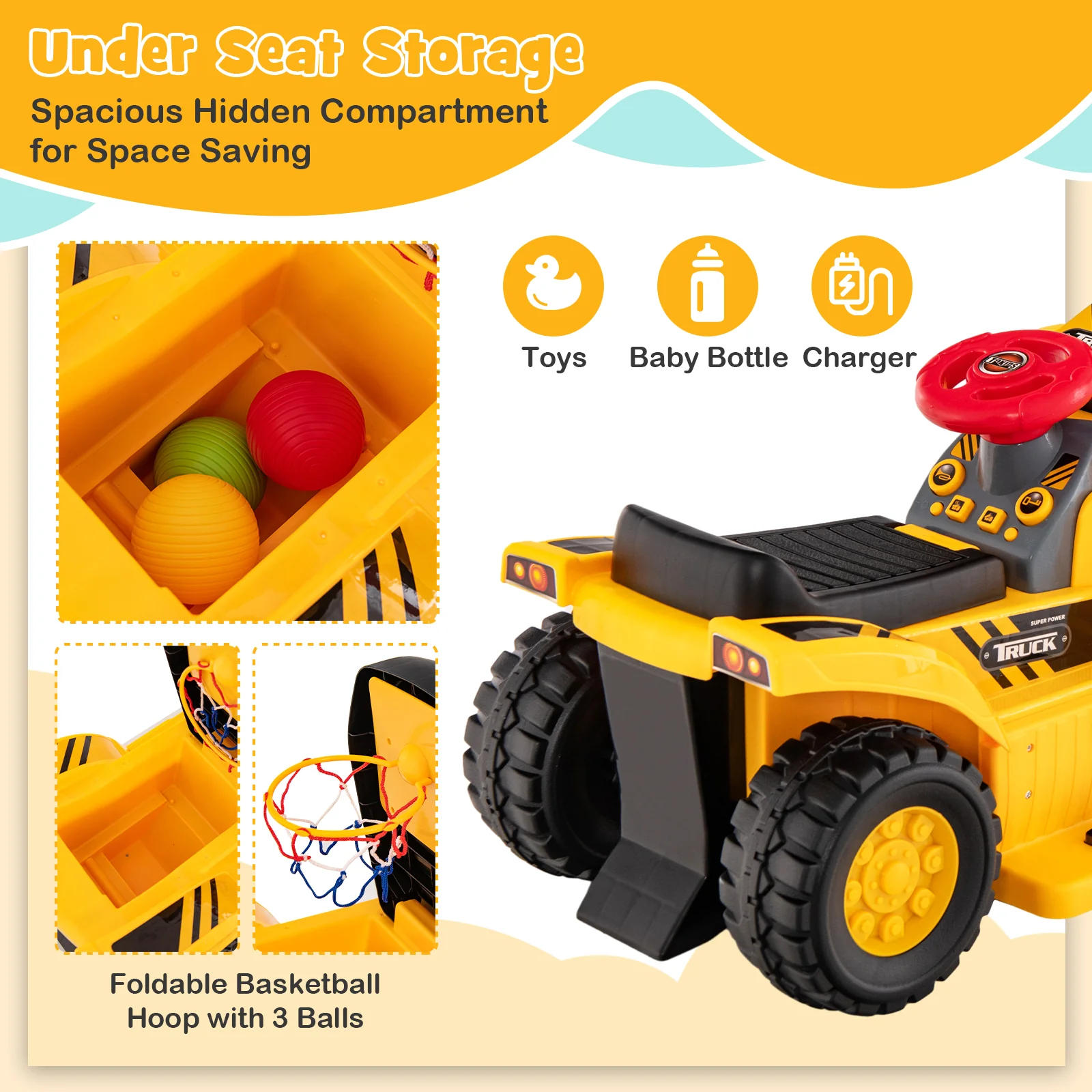 6V Kids Ride On Bulldozer, Folding Basketball Hoop, Yellow - Image 8