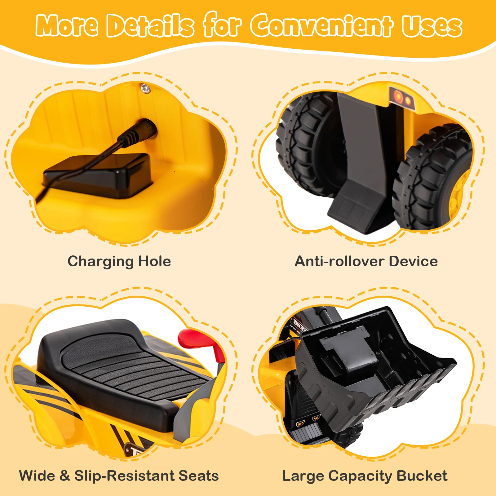 6V Kids Ride On Bulldozer, Folding Basketball Hoop, Yellow - Image 9