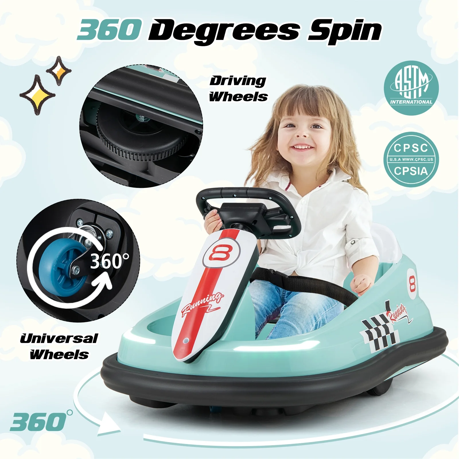 6V Kids Ride-On Bumper Car, 360° Spinning, Dual Motors, Green - Image 10