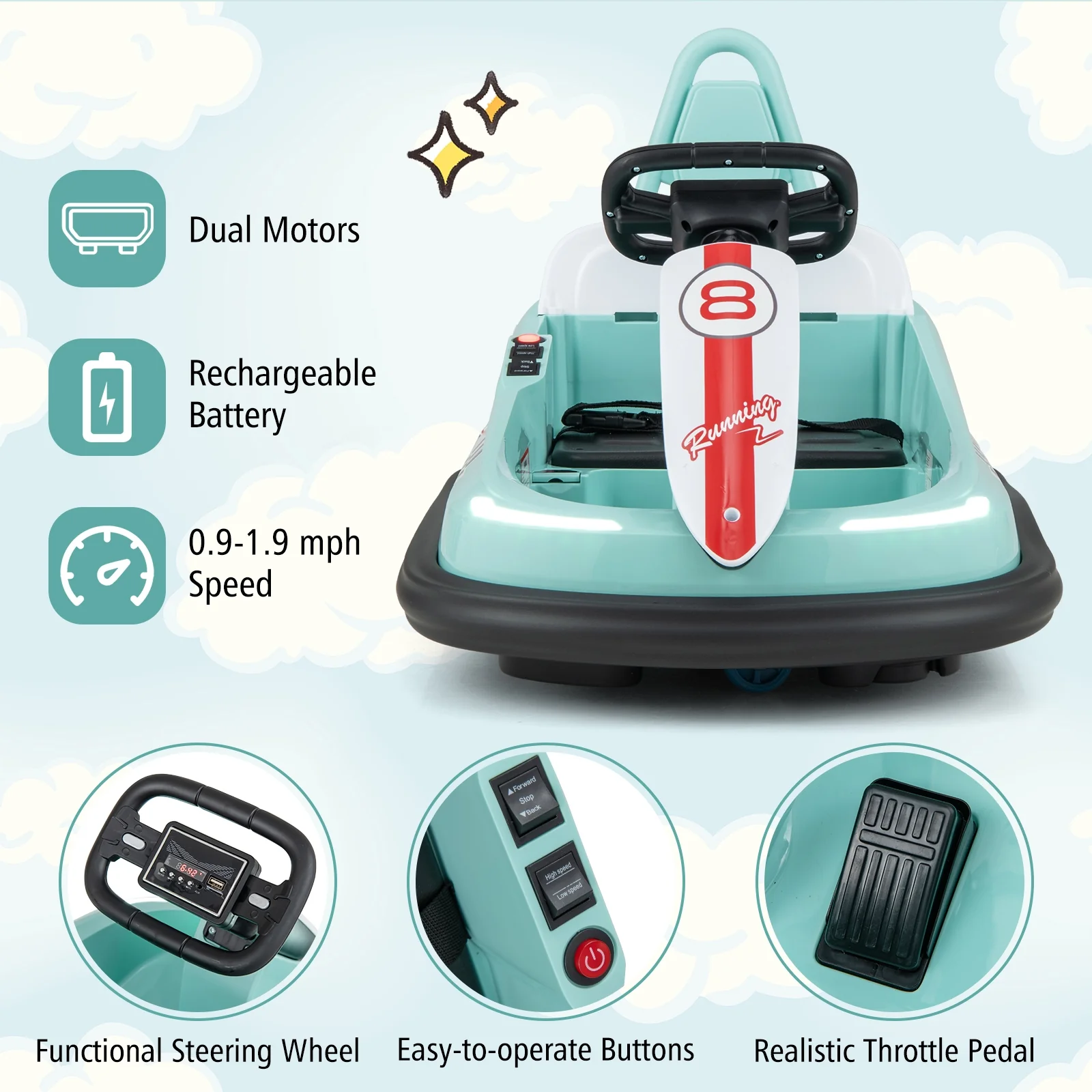 6V Kids Ride-On Bumper Car, 360° Spinning, Dual Motors, Green - Image 8