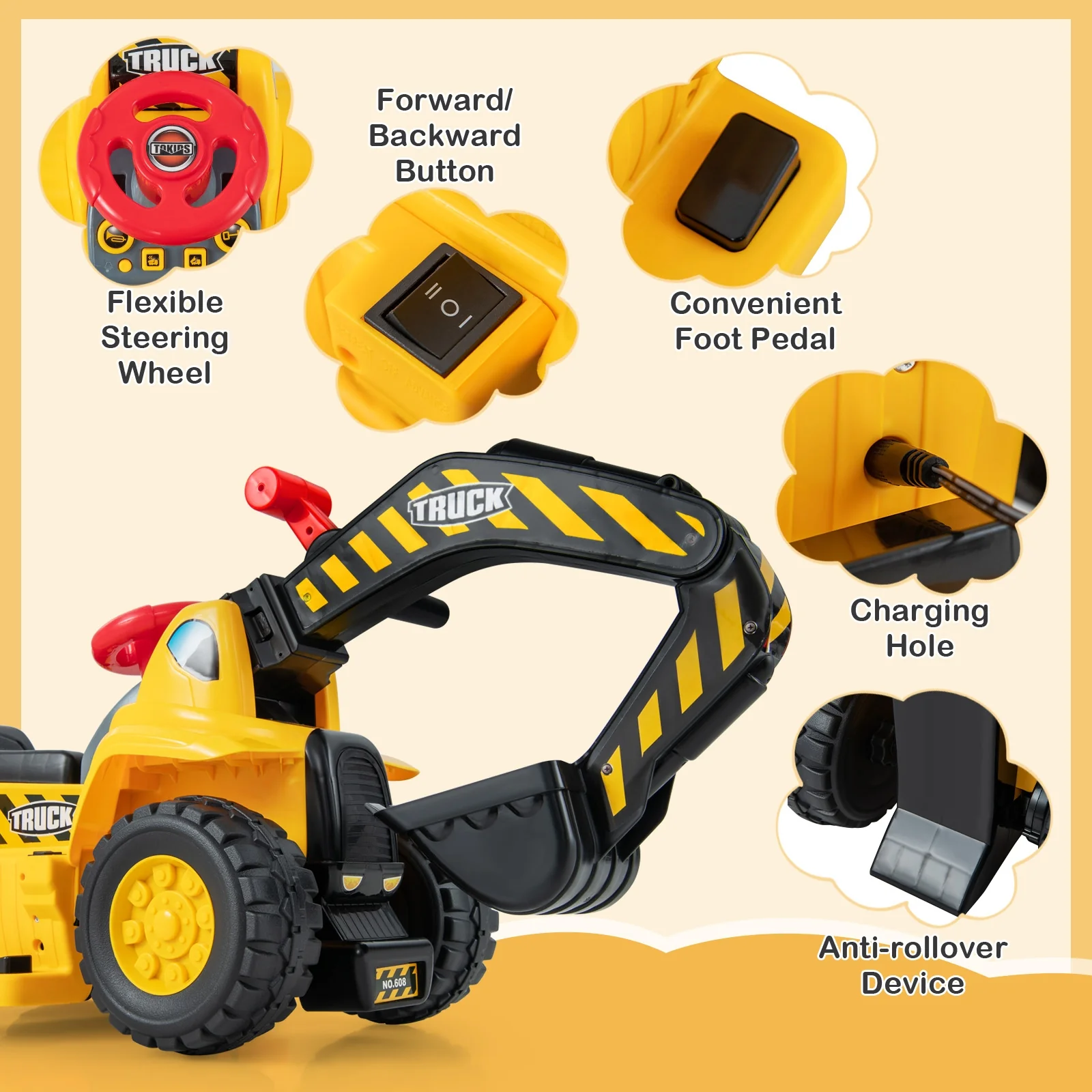 6V Kids Ride On Excavator, With Folding Basketball Hoop, Yellow - Image 10