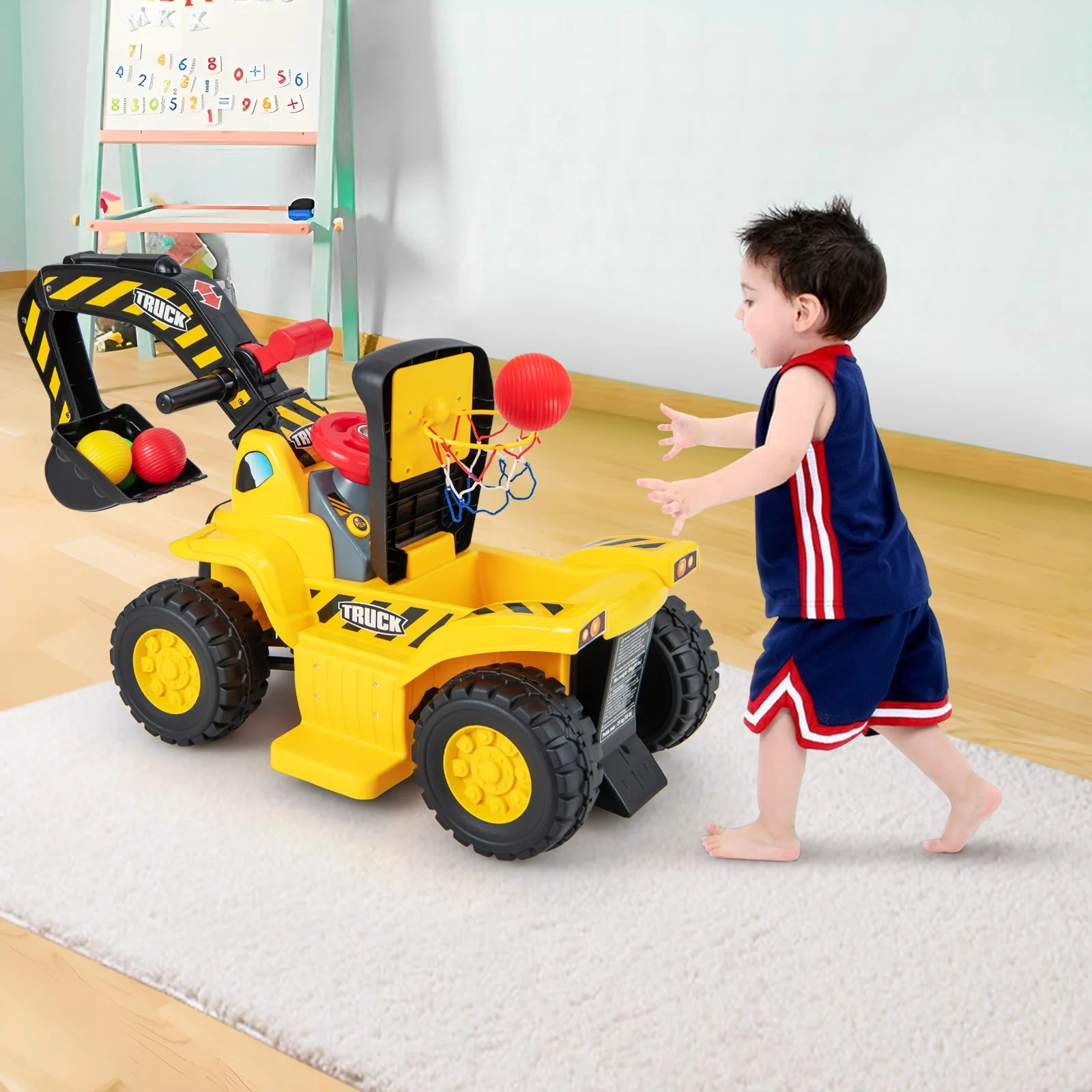 6V Kids Ride On Excavator, With Folding Basketball Hoop, Yellow - Image 2