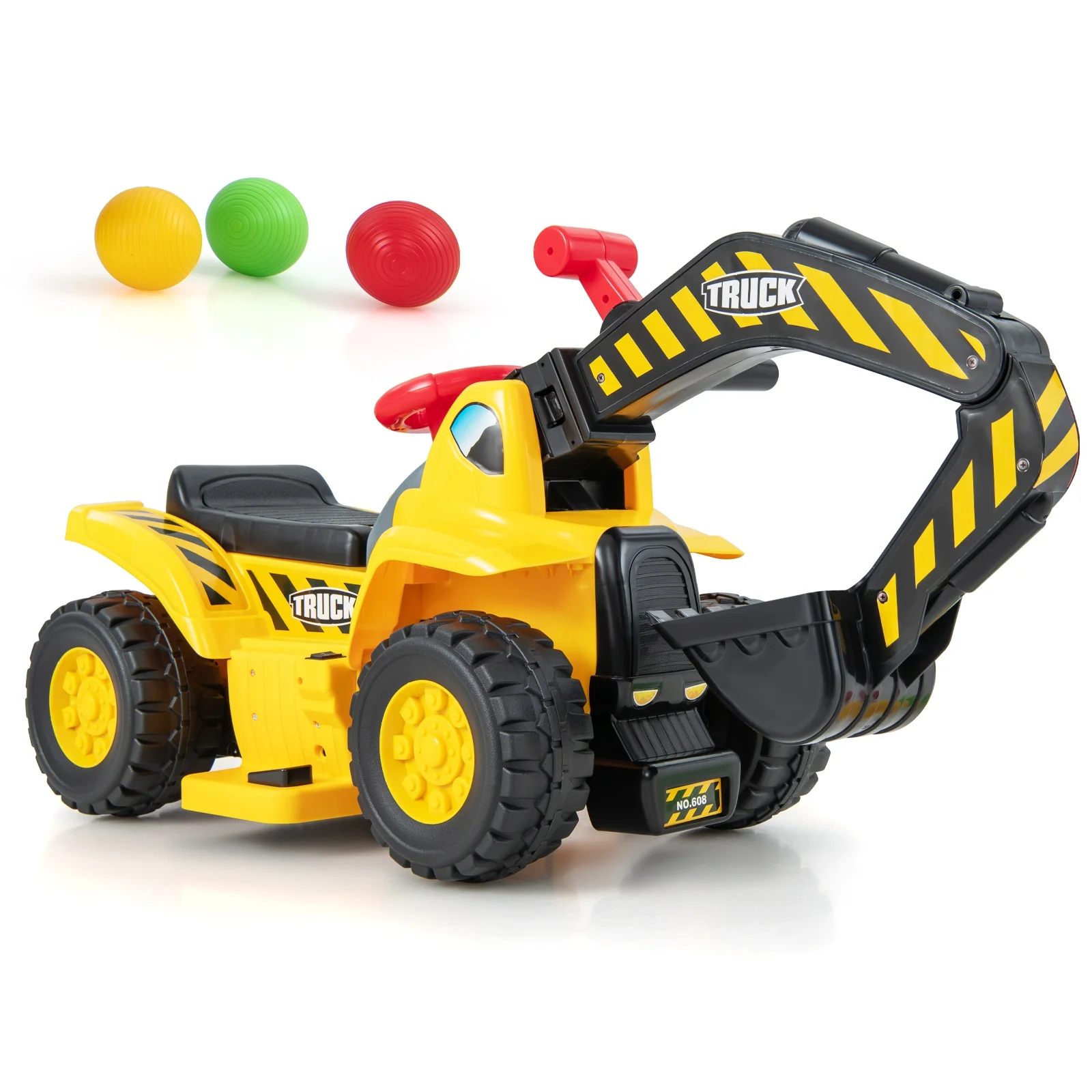 6V Kids Ride On Excavator, With Folding Basketball Hoop, Yellow - Image 3