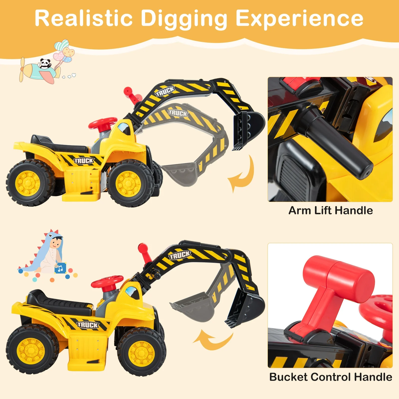 6V Kids Ride On Excavator, With Folding Basketball Hoop, Yellow - Image 8