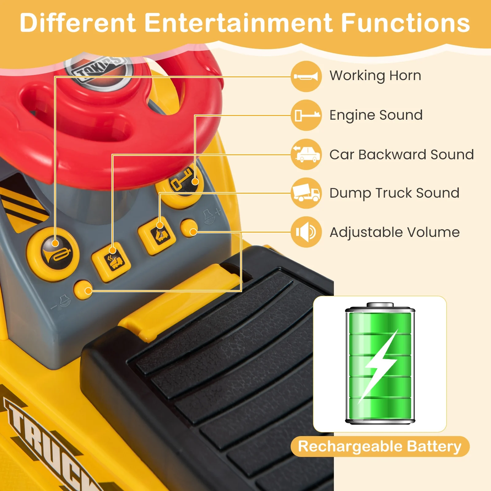 6V Kids Ride On Excavator, With Folding Basketball Hoop, Yellow - Image 9