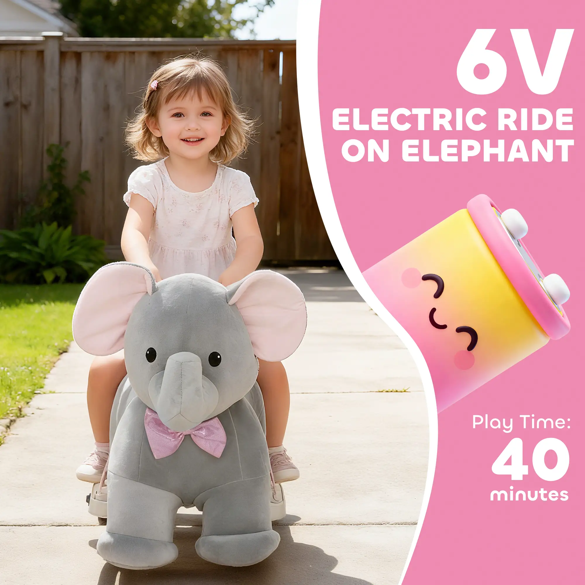 6V Kids Ride On Toy, Horse Elephant, Music, Soft Touch, Silent PU Wheels, For 1.5-5 Years - Image 4
