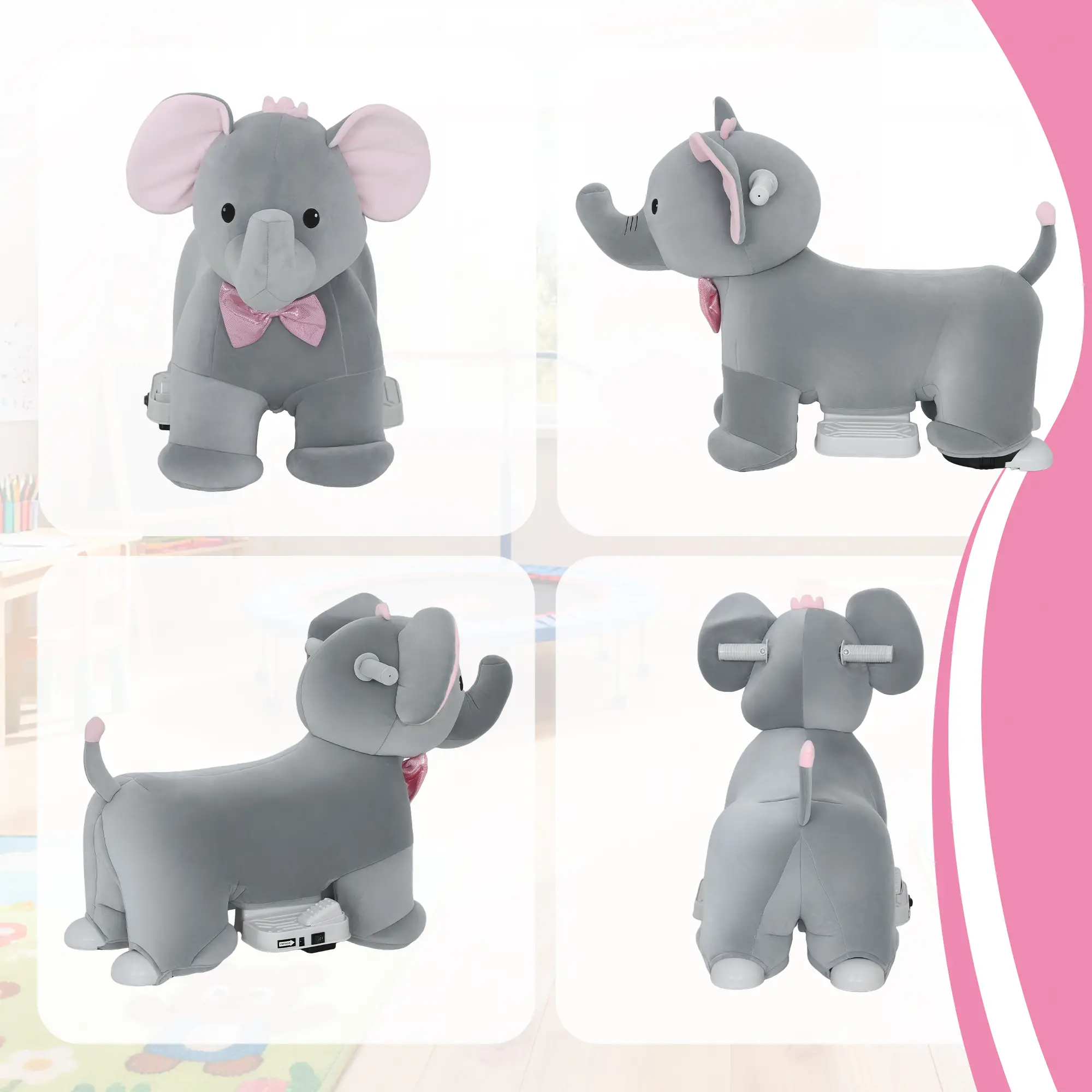 6V Kids Ride On Toy, Horse Elephant, Music, Soft Touch, Silent PU Wheels, For 1.5-5 Years - Image 9