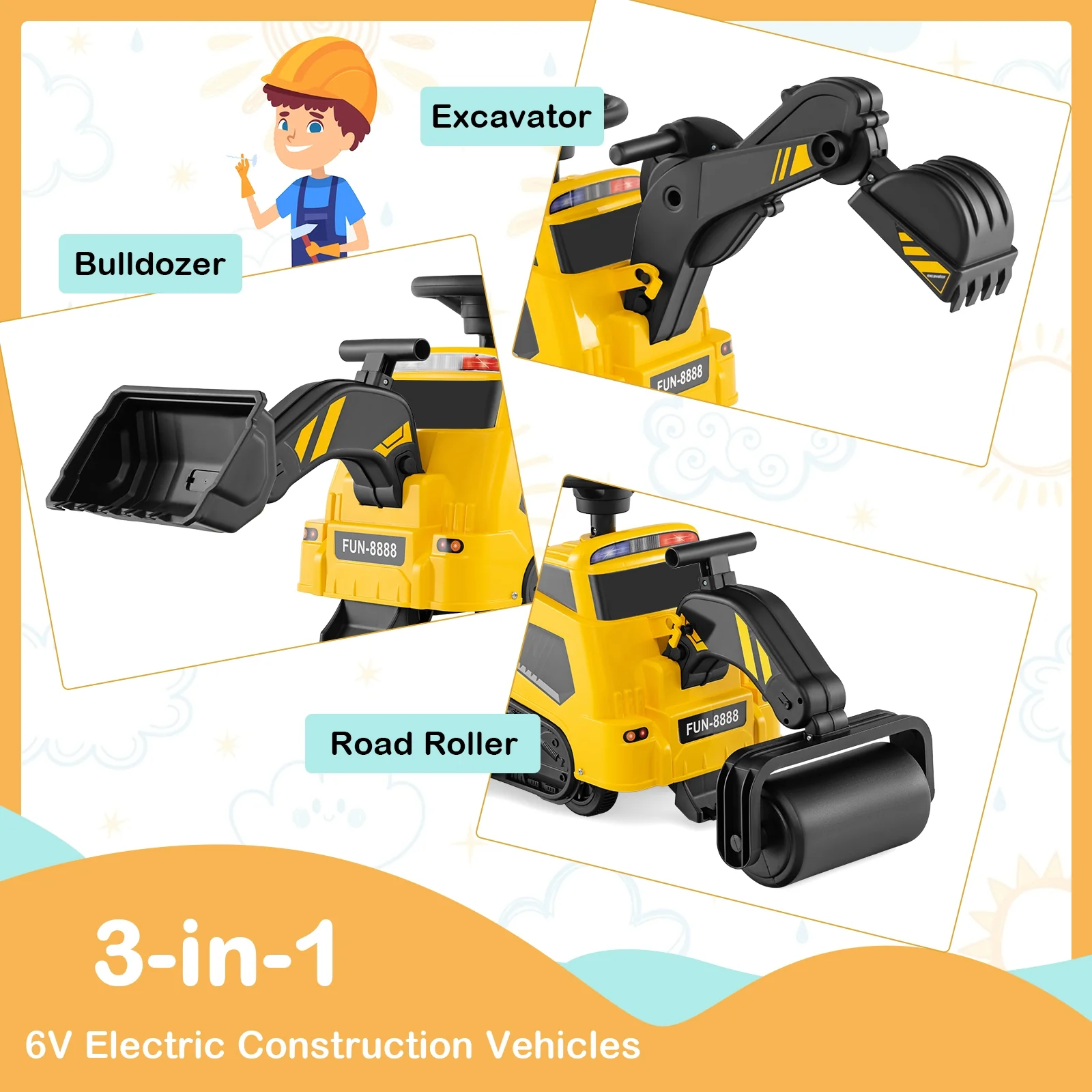 6V Ride On Tractor, 3 In 1 Electric Excavator, Adjustable Arms, Music, Yellow - Image 10