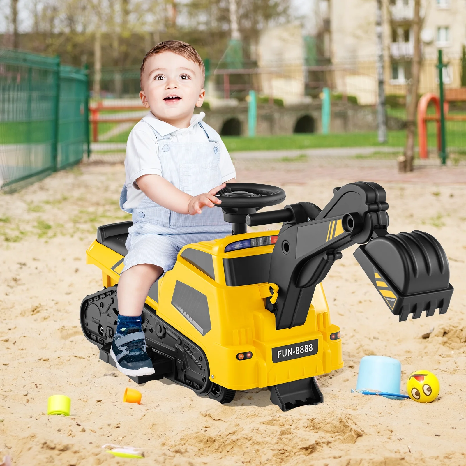 6V Ride On Tractor, 3 In 1 Electric Excavator, Adjustable Arms, Music, Yellow - Image 2