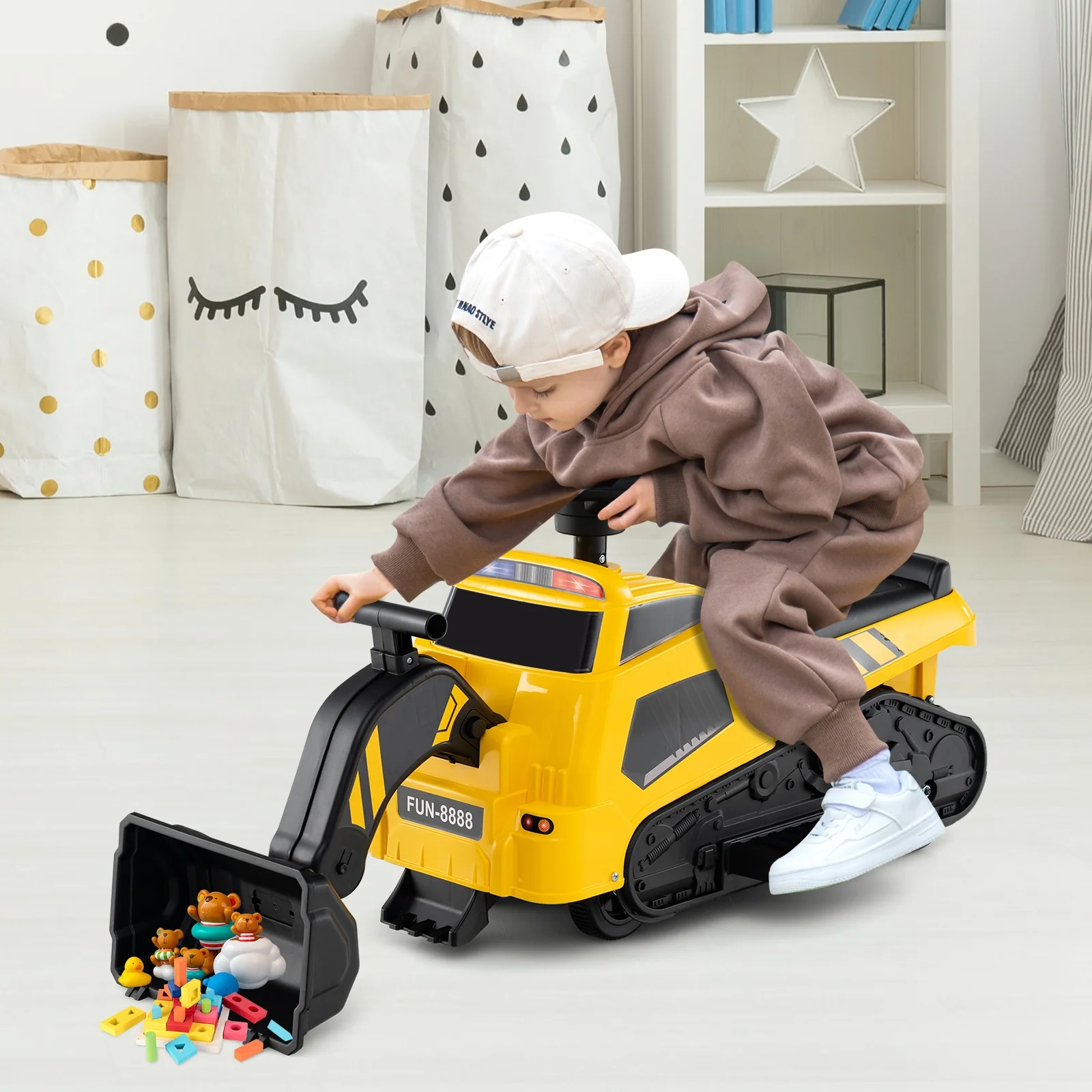 6V Ride On Tractor, 3 In 1 Electric Excavator, Adjustable Arms, Music, Yellow - Image 3