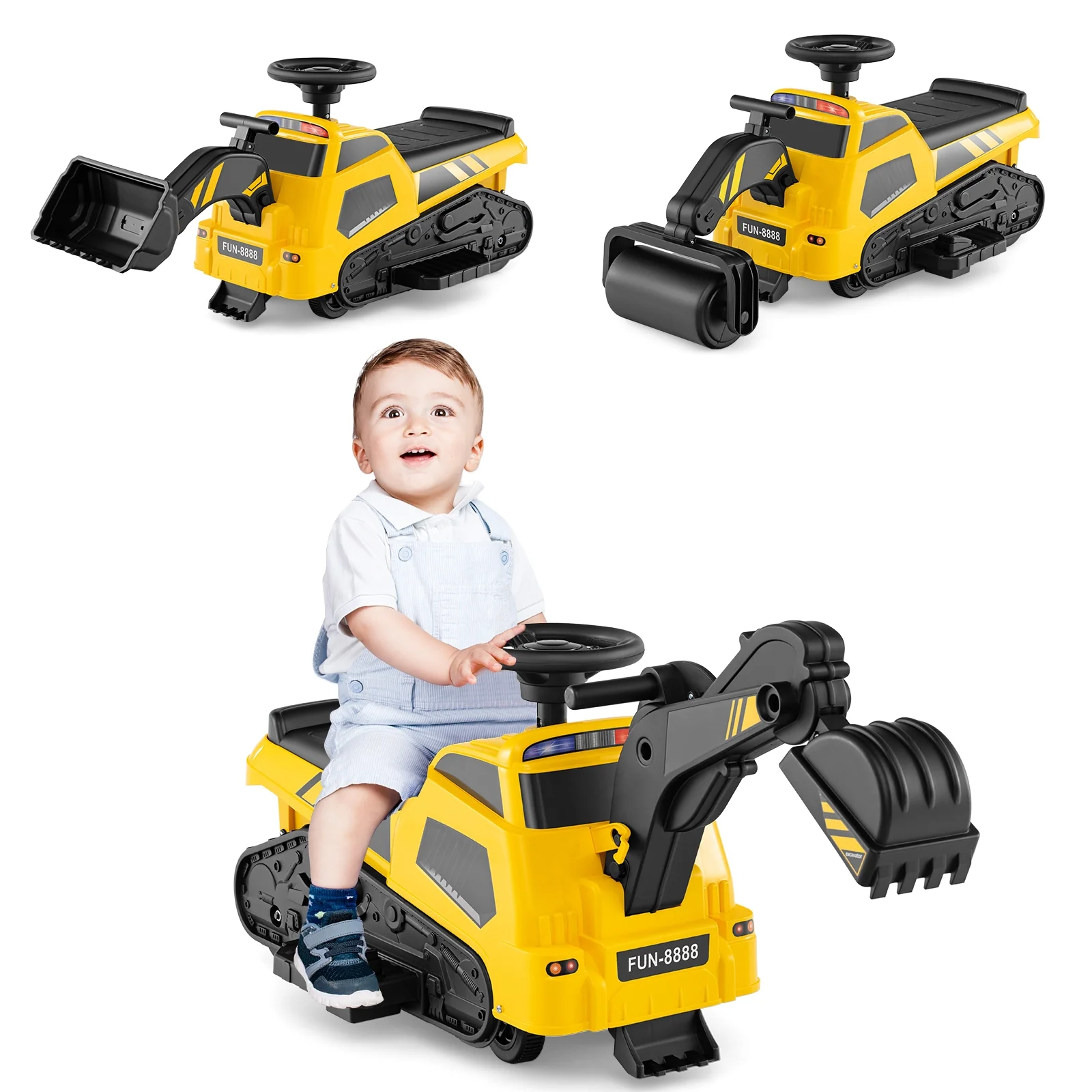 6V Ride On Tractor, 3 In 1 Electric Excavator, Adjustable Arms, Music, Yellow - Image 5