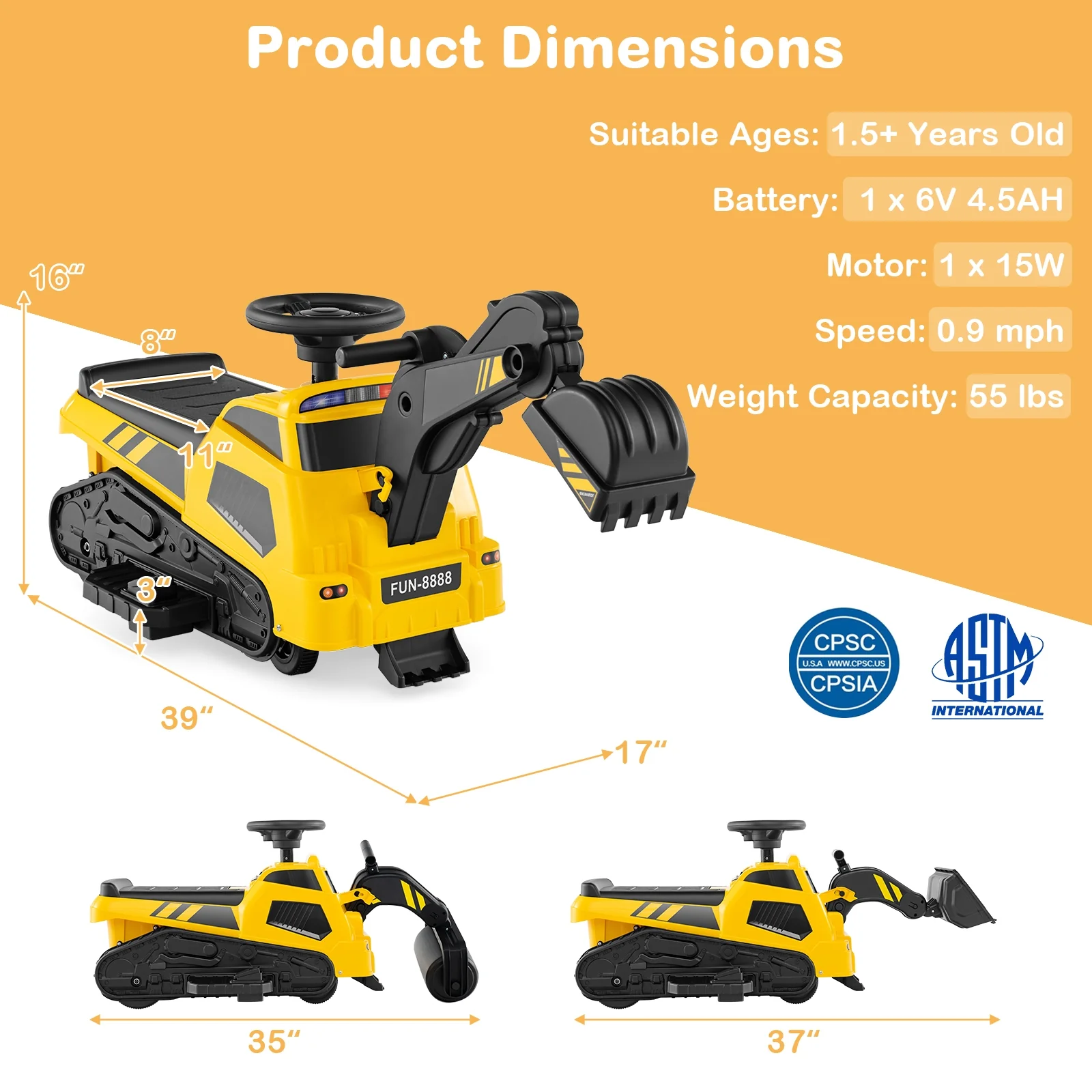 6V Ride On Tractor, 3 In 1 Electric Excavator, Adjustable Arms, Music, Yellow - Image 6