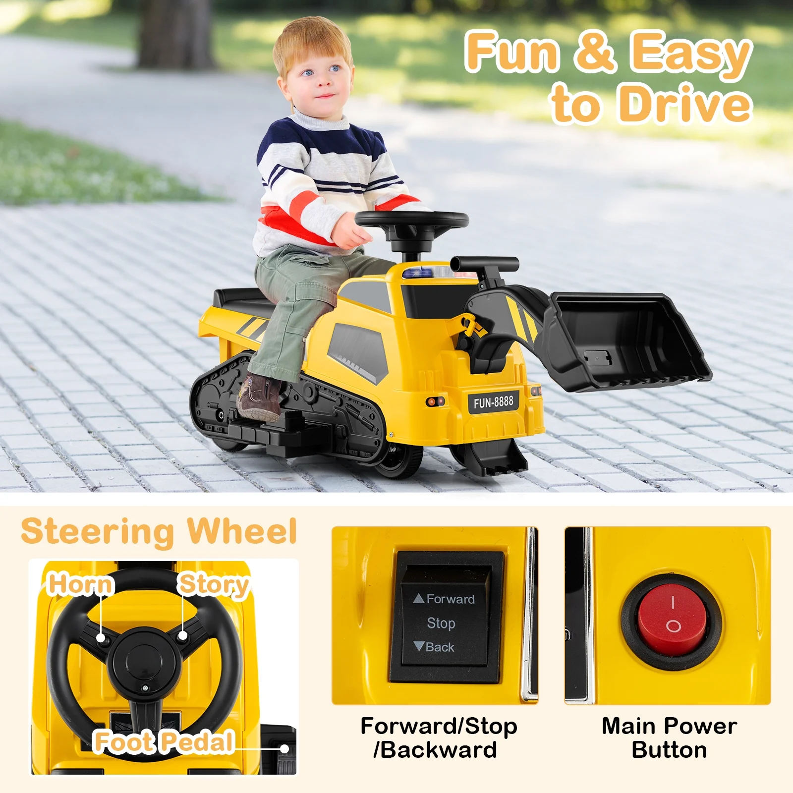 6V Ride On Tractor, 3 In 1 Electric Excavator, Adjustable Arms, Music, Yellow - Image 8