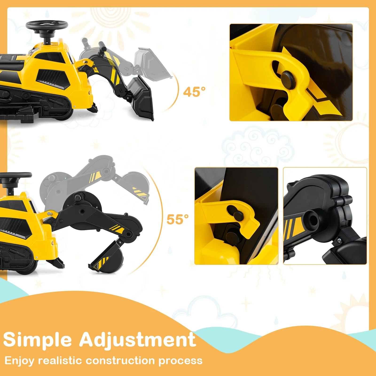 6V Ride On Tractor, 3 In 1 Electric Excavator, Adjustable Arms, Music, Yellow - Image 9
