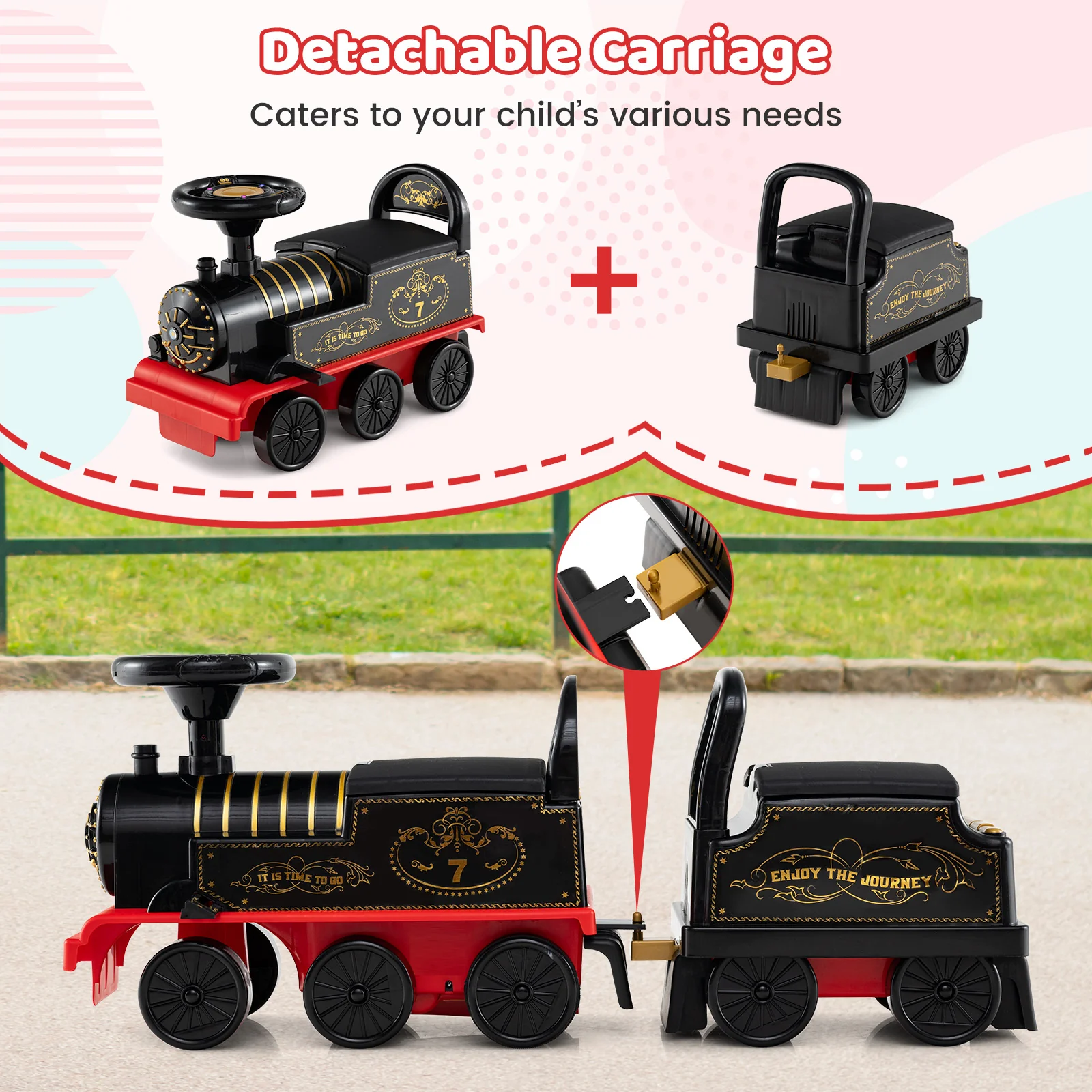 6V Ride On Train, 2-Seater With Carriage, Flashing LED Lights, Black - Image 6