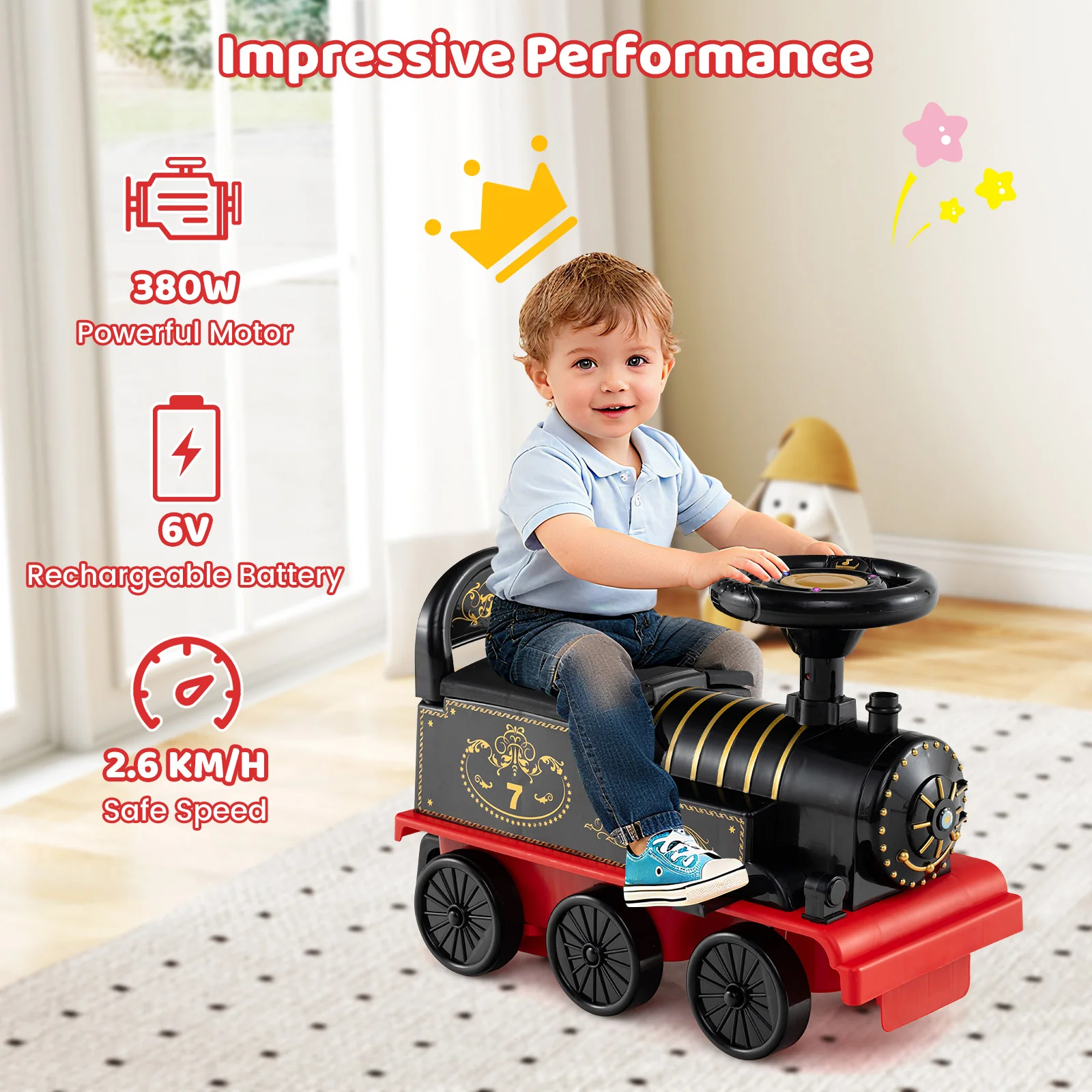 6V Ride On Train, 2-Seater With Carriage, Flashing LED Lights, Black - Image 7