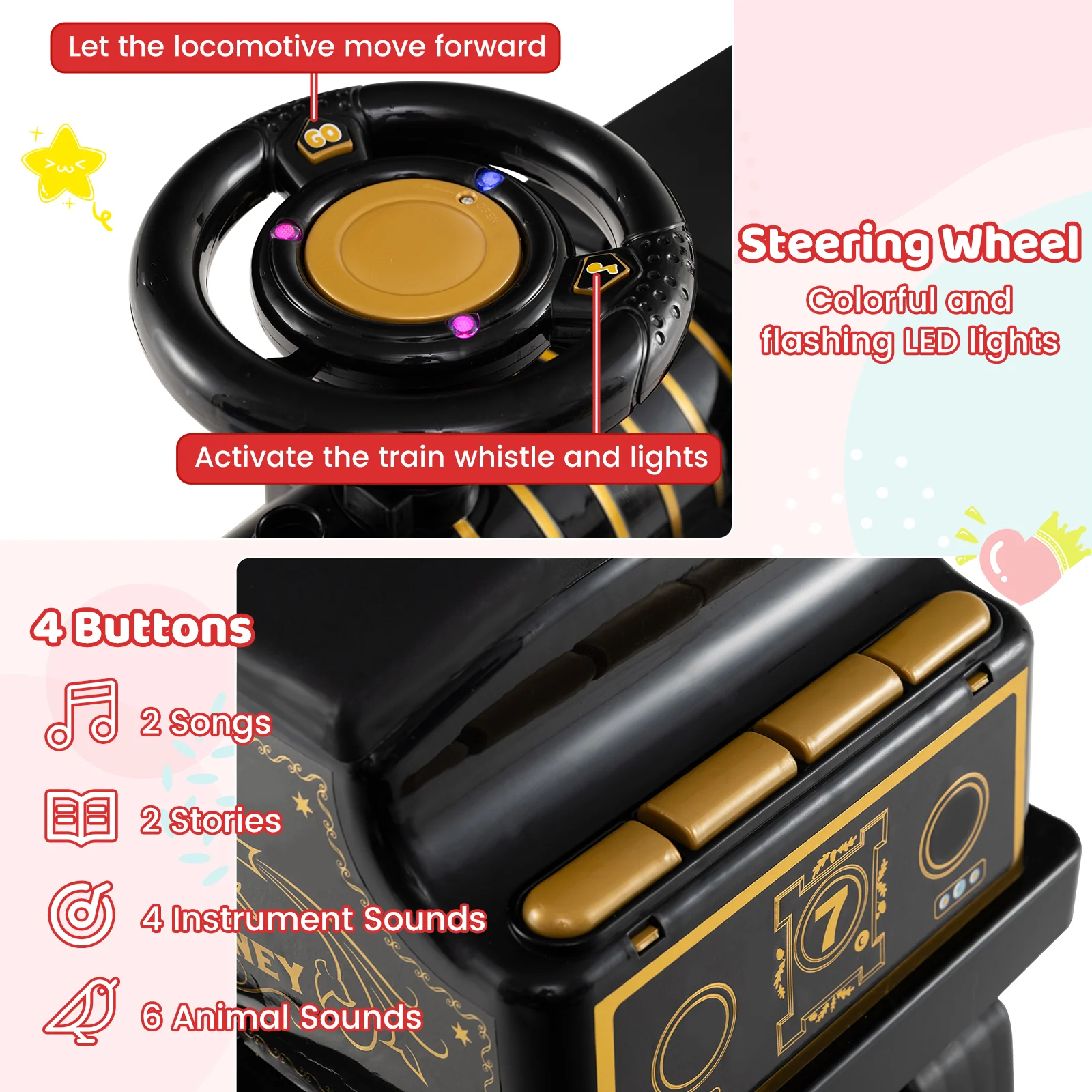 6V Ride On Train, 2-Seater With Carriage, Flashing LED Lights, Black - Image 8