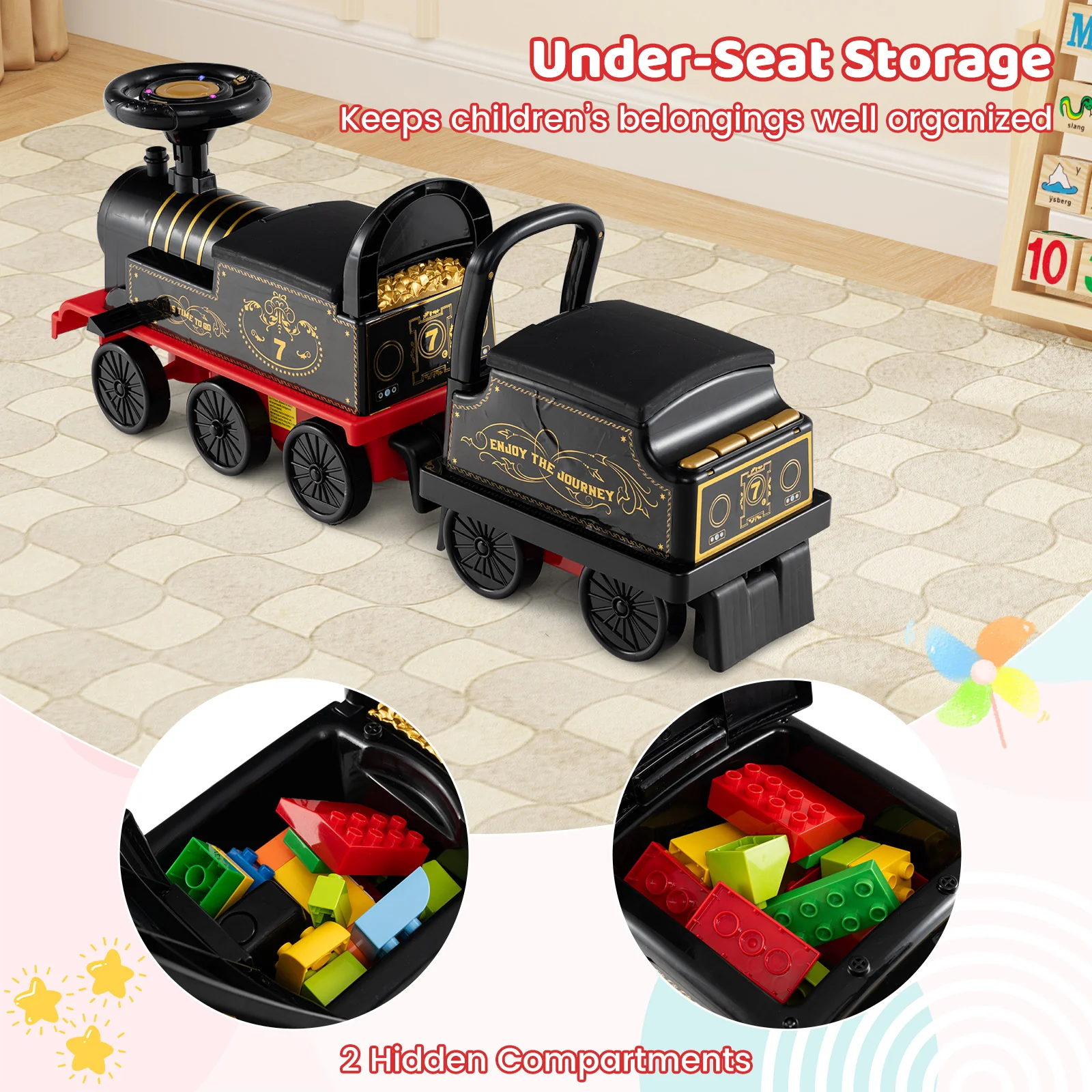 6V Ride On Train, 2-Seater With Carriage, Flashing LED Lights, Black - Image 9