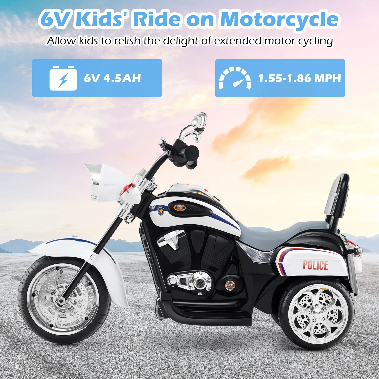 6V Toddler Ride On Motorbike, 3-Wheel, Horn, Headlight, Black And White - Image 10