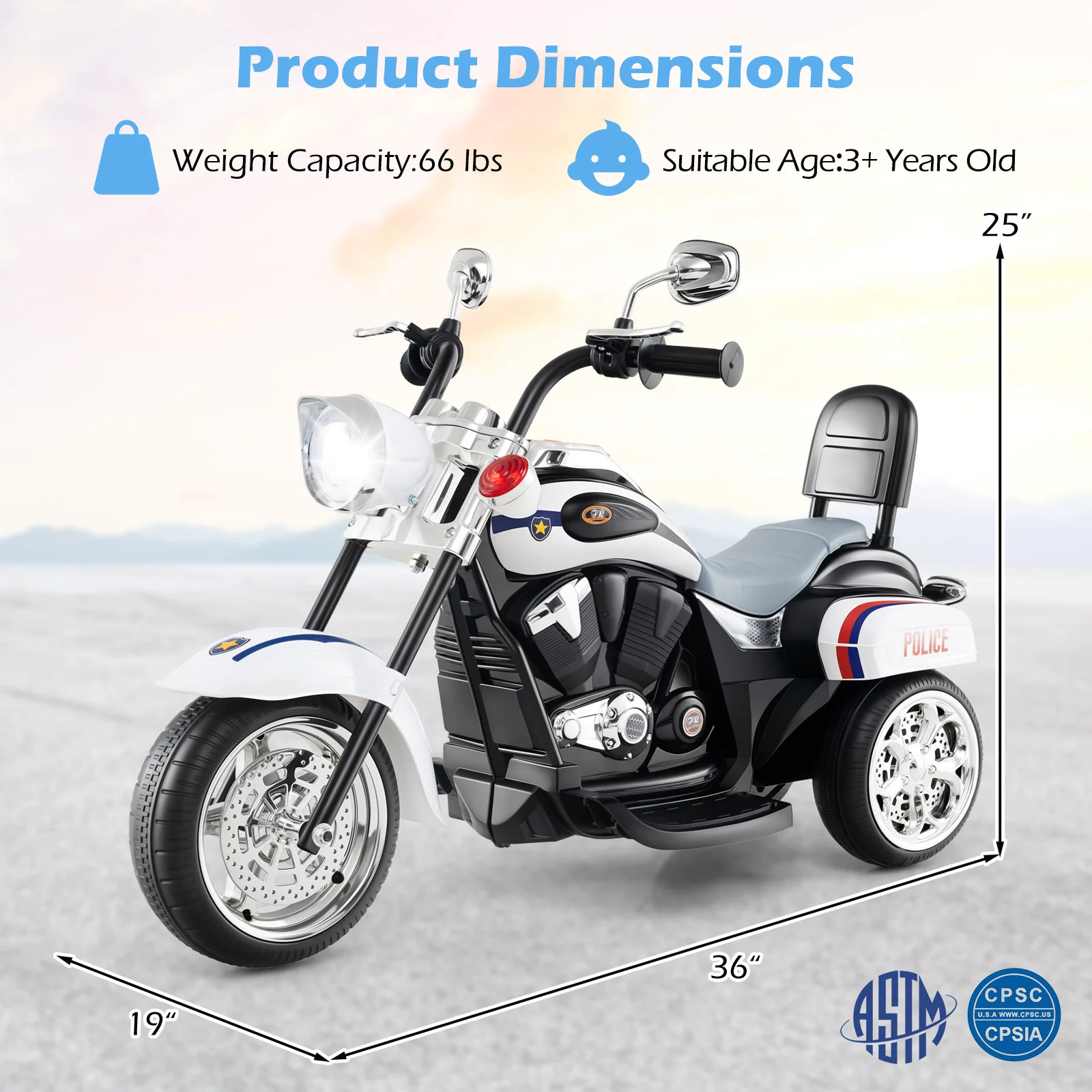 6V Toddler Ride On Motorbike, 3-Wheel, Horn, Headlight, Black And White - Image 5