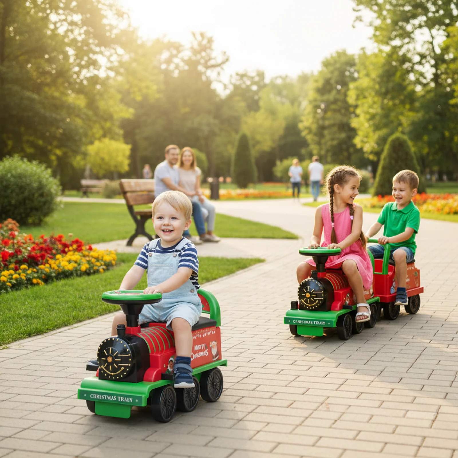 6V Toddler Ride On Train Combo: Track Ride & 2-Seater Carriage Set, Green - Image 3