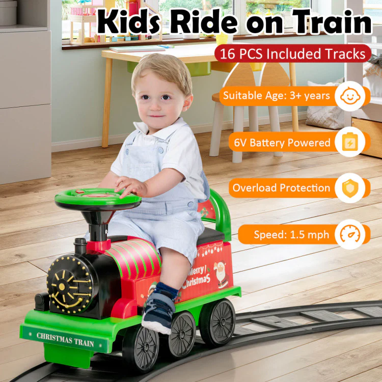 6V Toddler Ride On Train Combo: Track Ride & 2-Seater Carriage Set, Green - Image 7