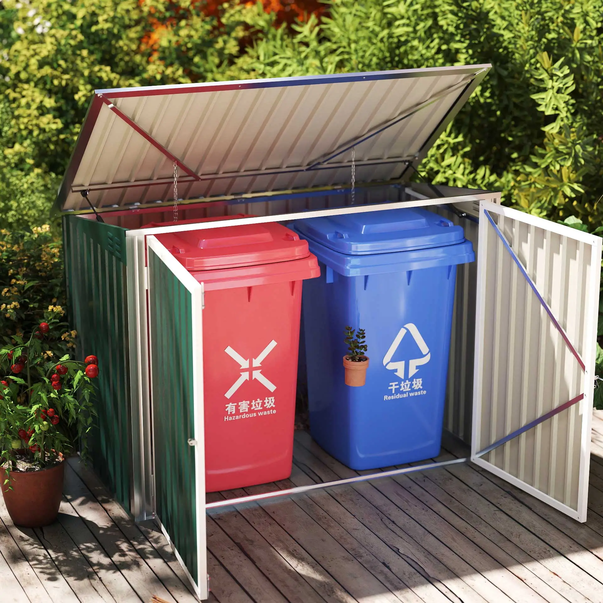 6x3 FT Outdoor Storage Shed, Double Door Trash Can Organizer, Green - Image 7