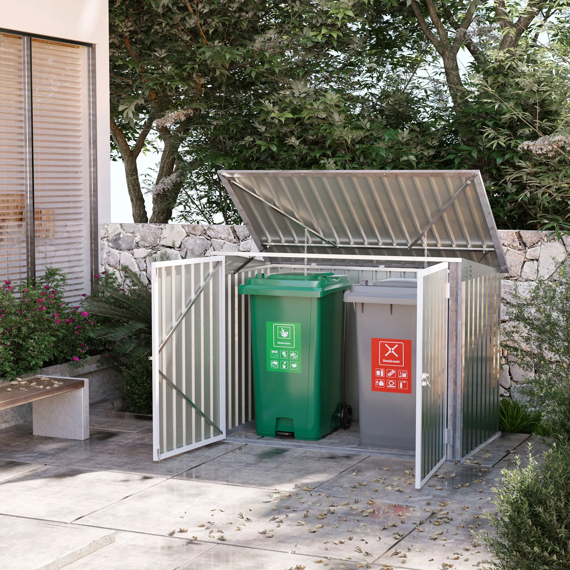 6x3 FT Outdoor Storage Shed, Double Door Trash Can Organizer, Green - Image 9