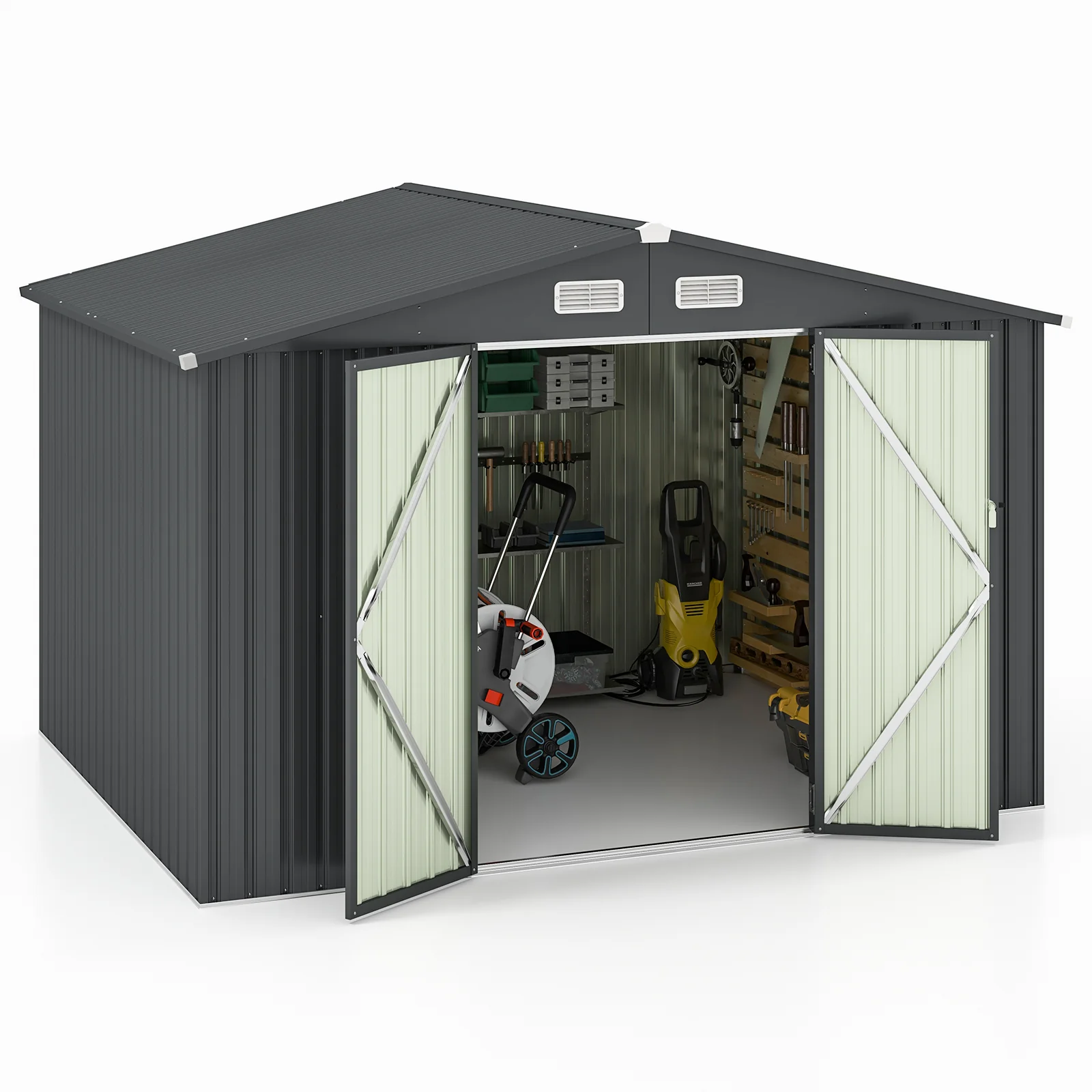 10 x 7.5 x 6 Feet Outdoor Galvanized Steel Storage Shed, Dark Gray