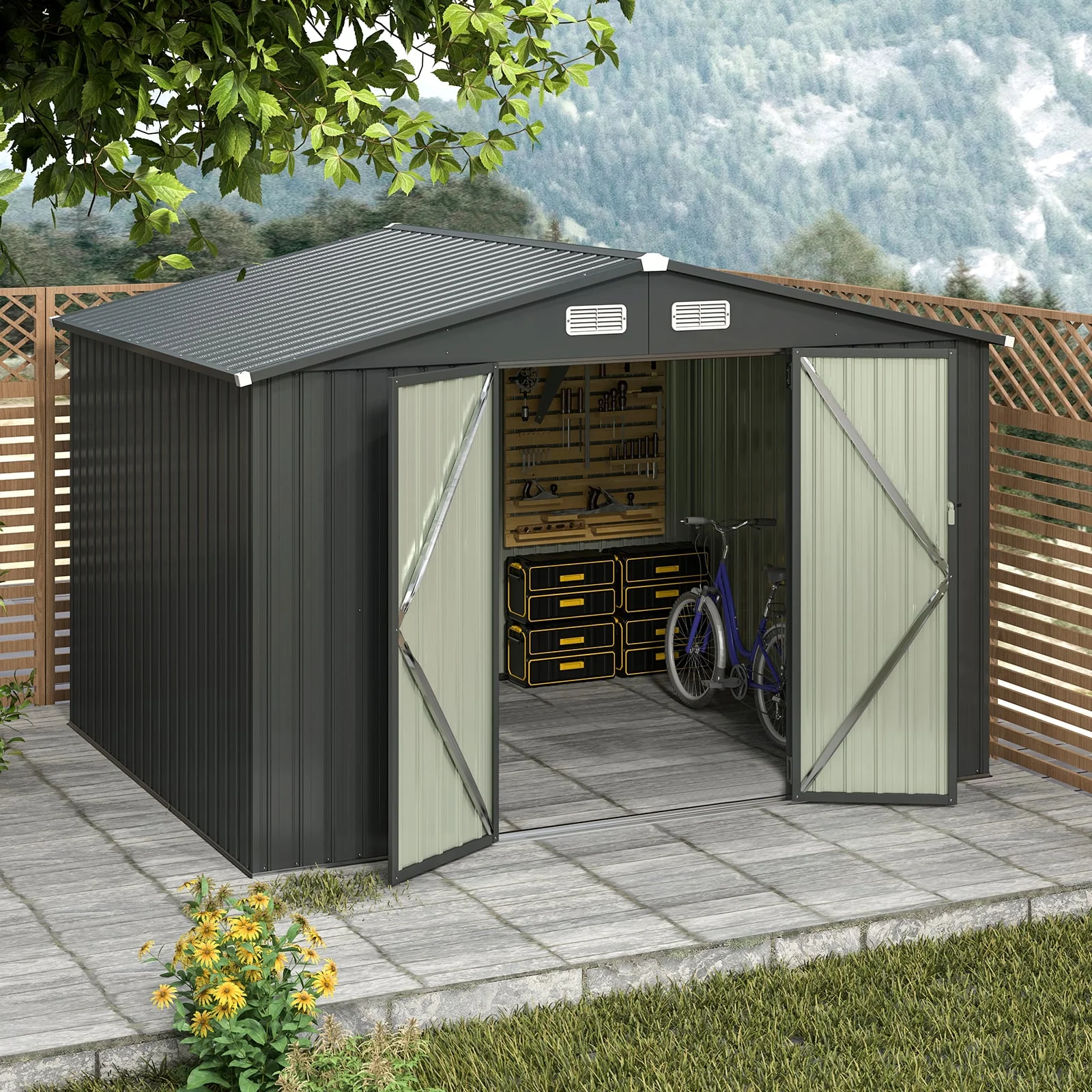 10 x 7.5 x 6 Feet Outdoor Galvanized Steel Storage Shed, Dark Gray - Image 2
