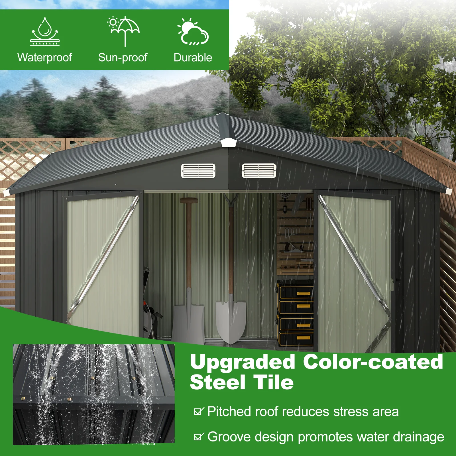 10 x 7.5 x 6 Feet Outdoor Galvanized Steel Storage Shed, Dark Gray - Image 5