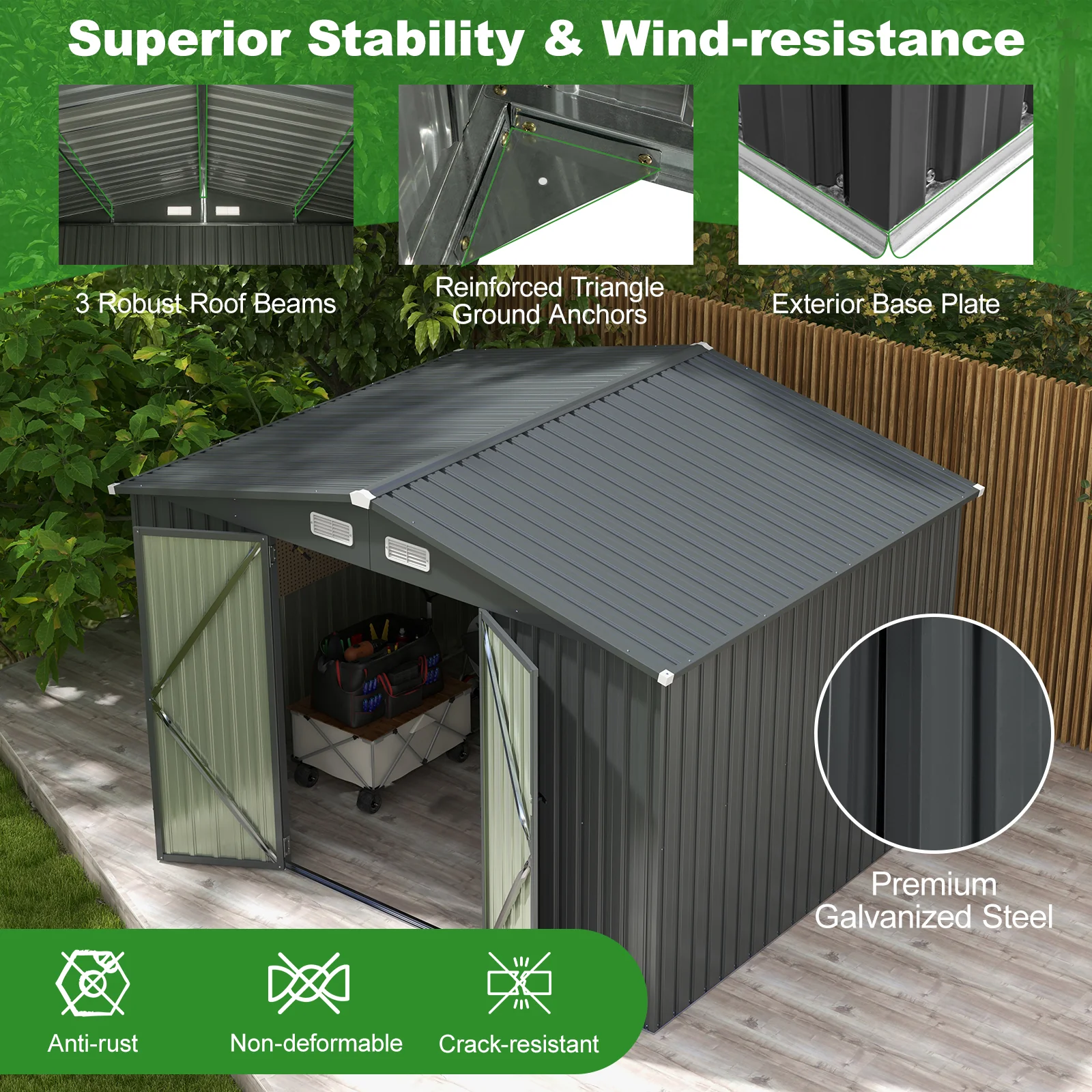 10 x 7.5 x 6 Feet Outdoor Galvanized Steel Storage Shed, Dark Gray - Image 6