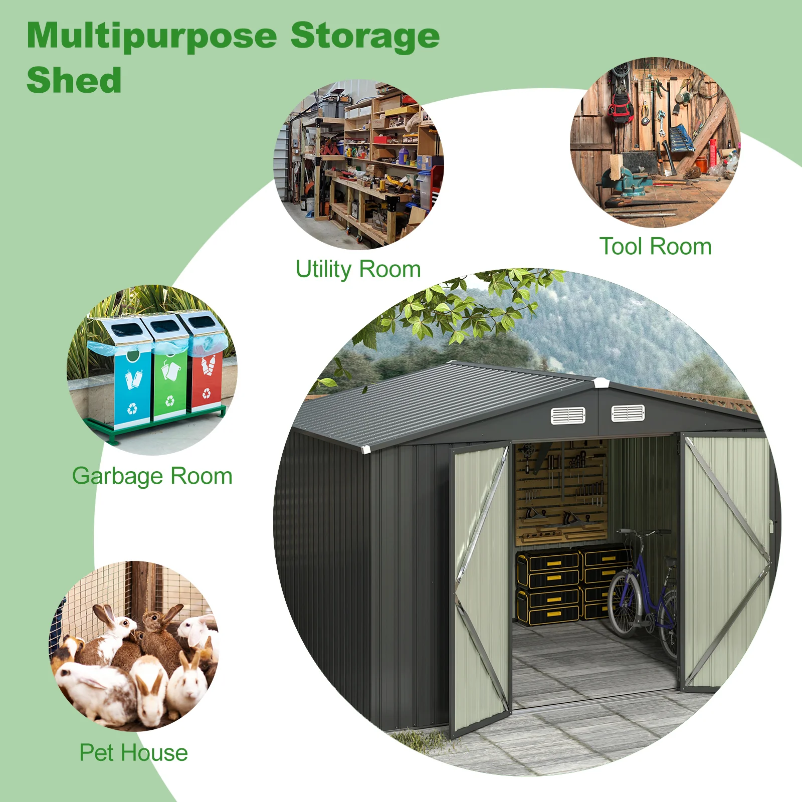 10 x 7.5 x 6 Feet Outdoor Galvanized Steel Storage Shed, Dark Gray - Image 7