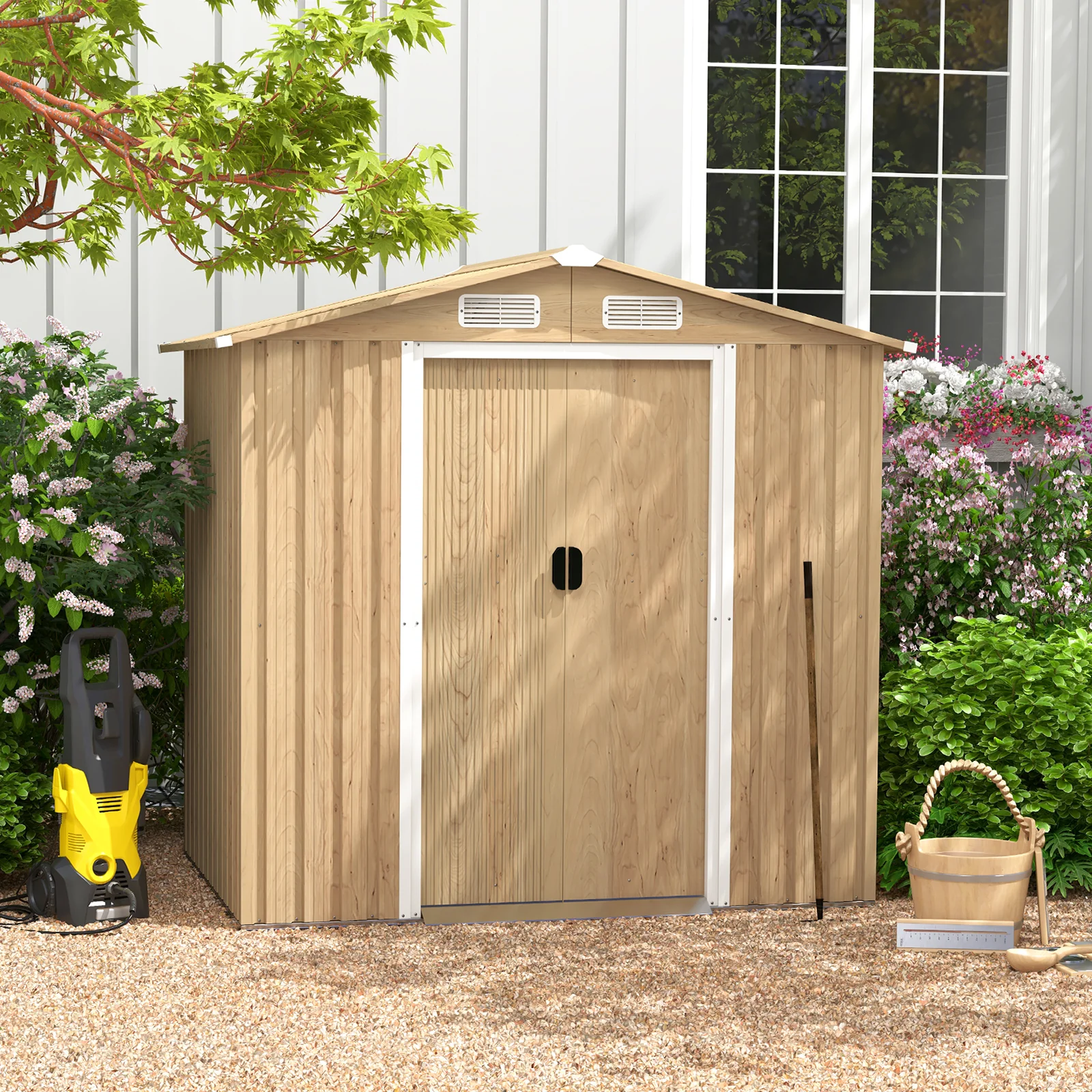6x4 Feet Galvanized Steel Storage Shed, Lockable Sliding Doors, Natural - Image 3