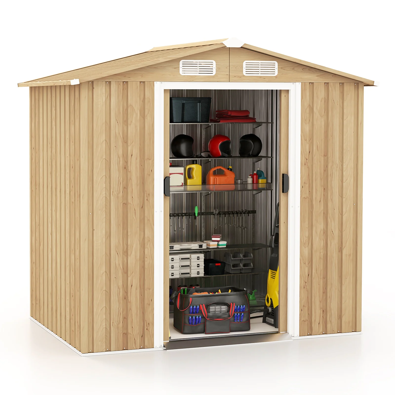 6x4 Feet Galvanized Steel Storage Shed, Lockable Sliding Doors, Natural - Image 5