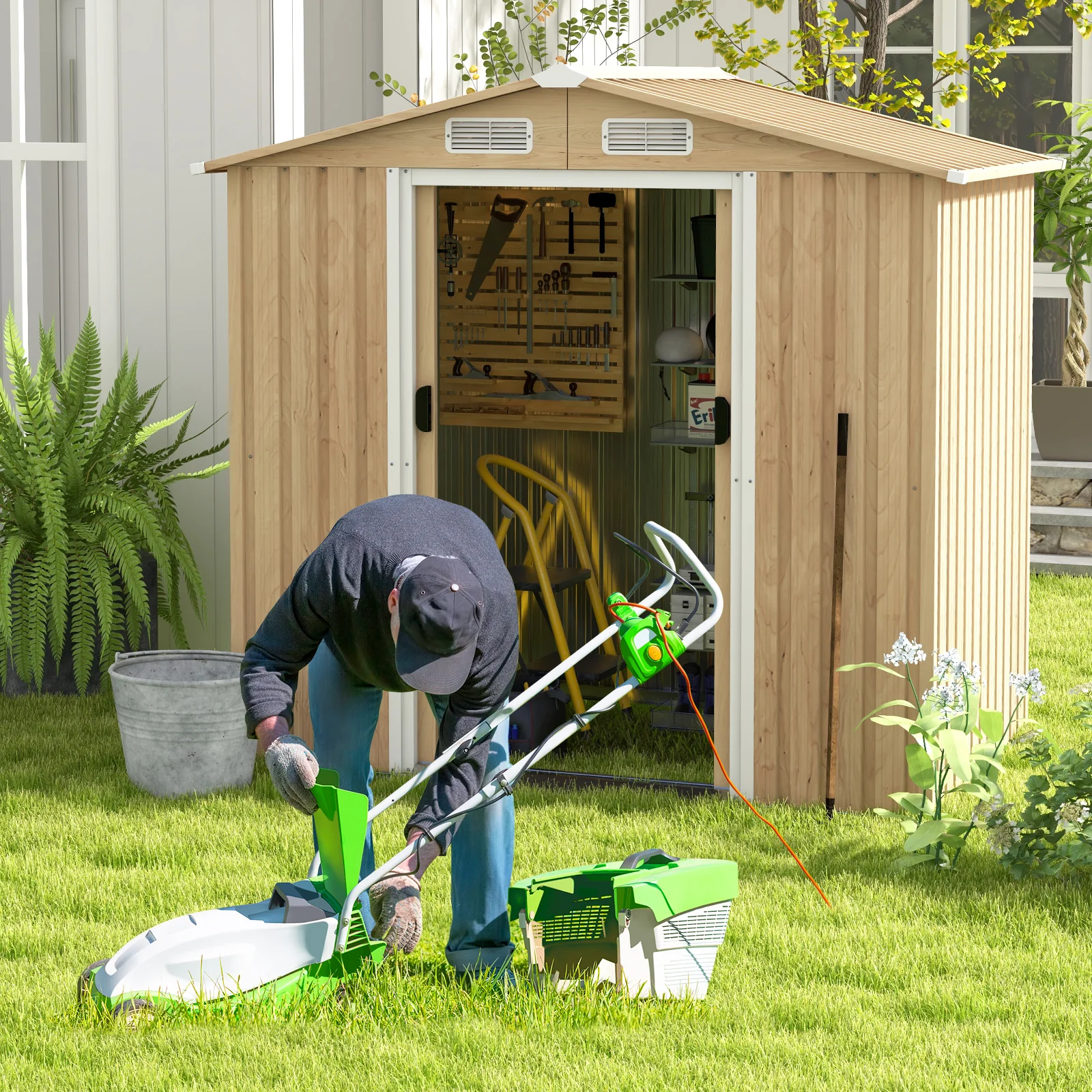 6x4 Feet Galvanized Steel Storage Shed, Lockable Sliding Doors, Natural - Image 7