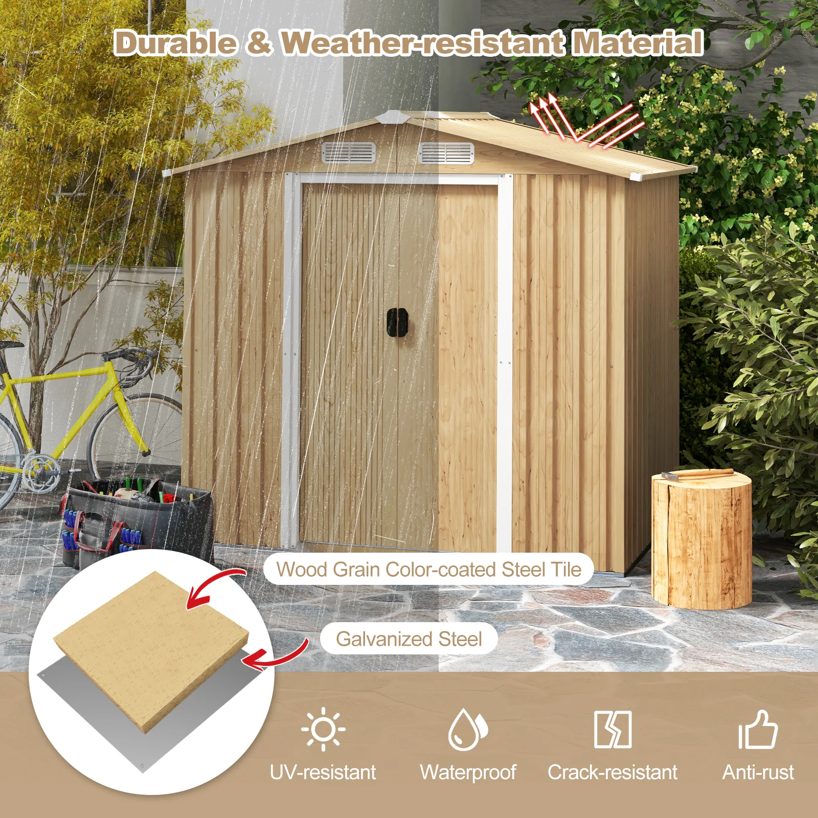 6x4 Feet Galvanized Steel Storage Shed, Lockable Sliding Doors, Natural - Image 9