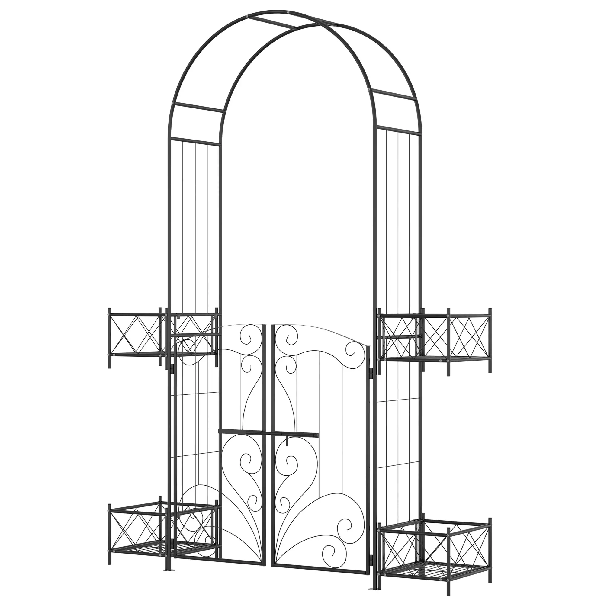 7.1FT Metal Garden Arch with Gate, 4 Planter Boxes, Black - Image 11