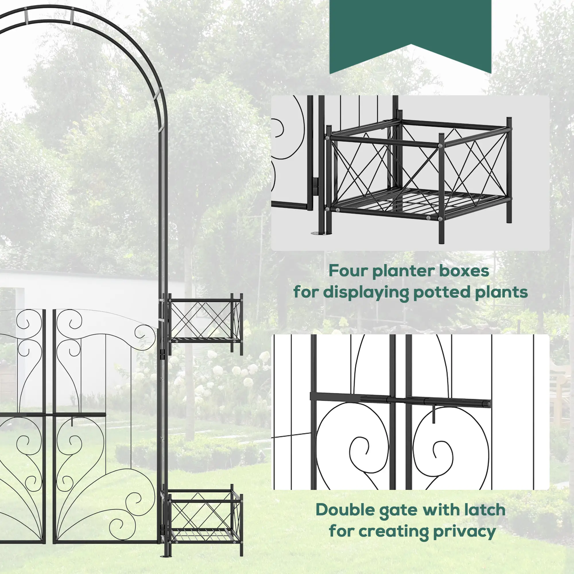 7.1FT Metal Garden Arch with Gate, 4 Planter Boxes, Black - Image 5
