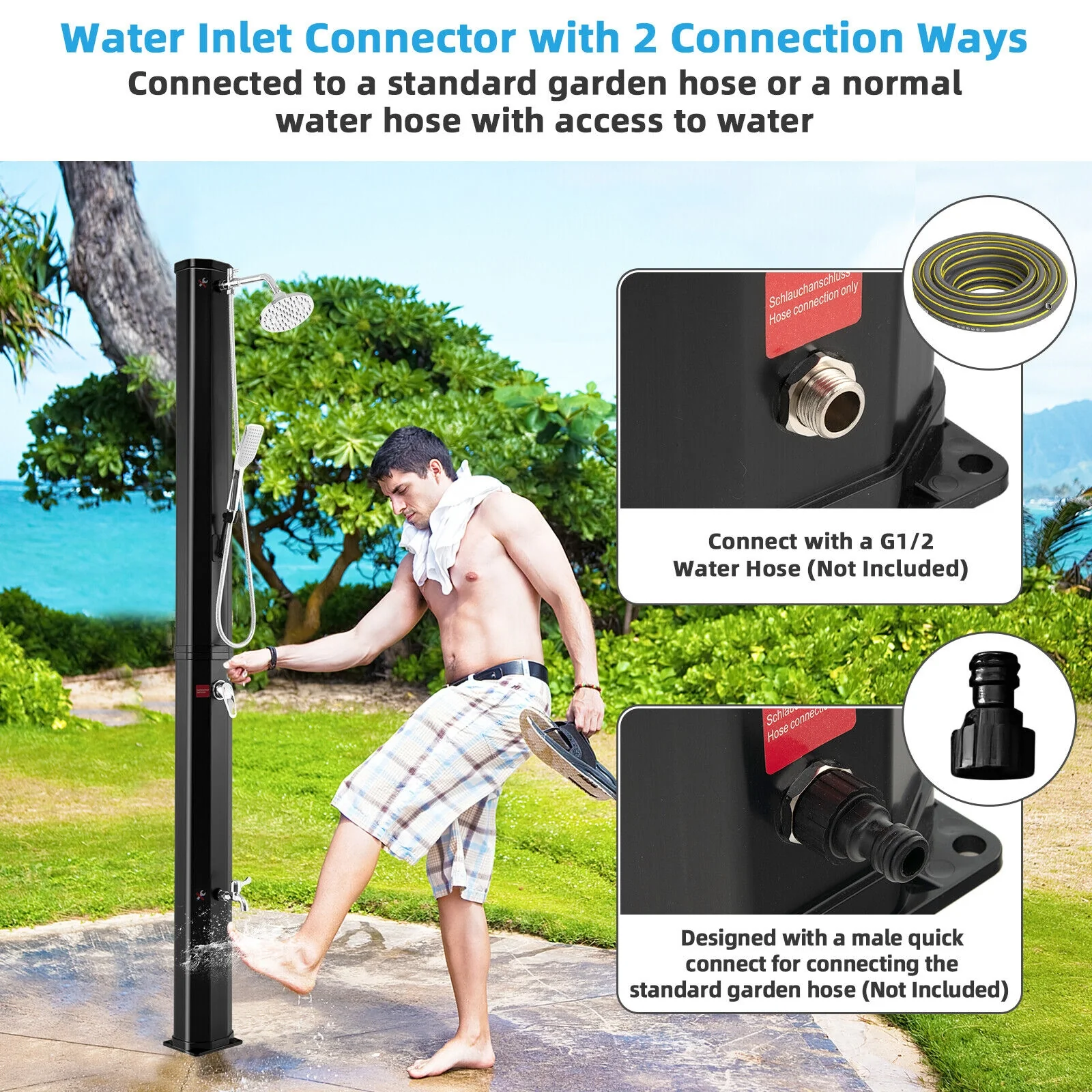 7.2 Feet 9.3 Gallon Solar Heated Shower, Hand Foot Tap, Black - Image 10
