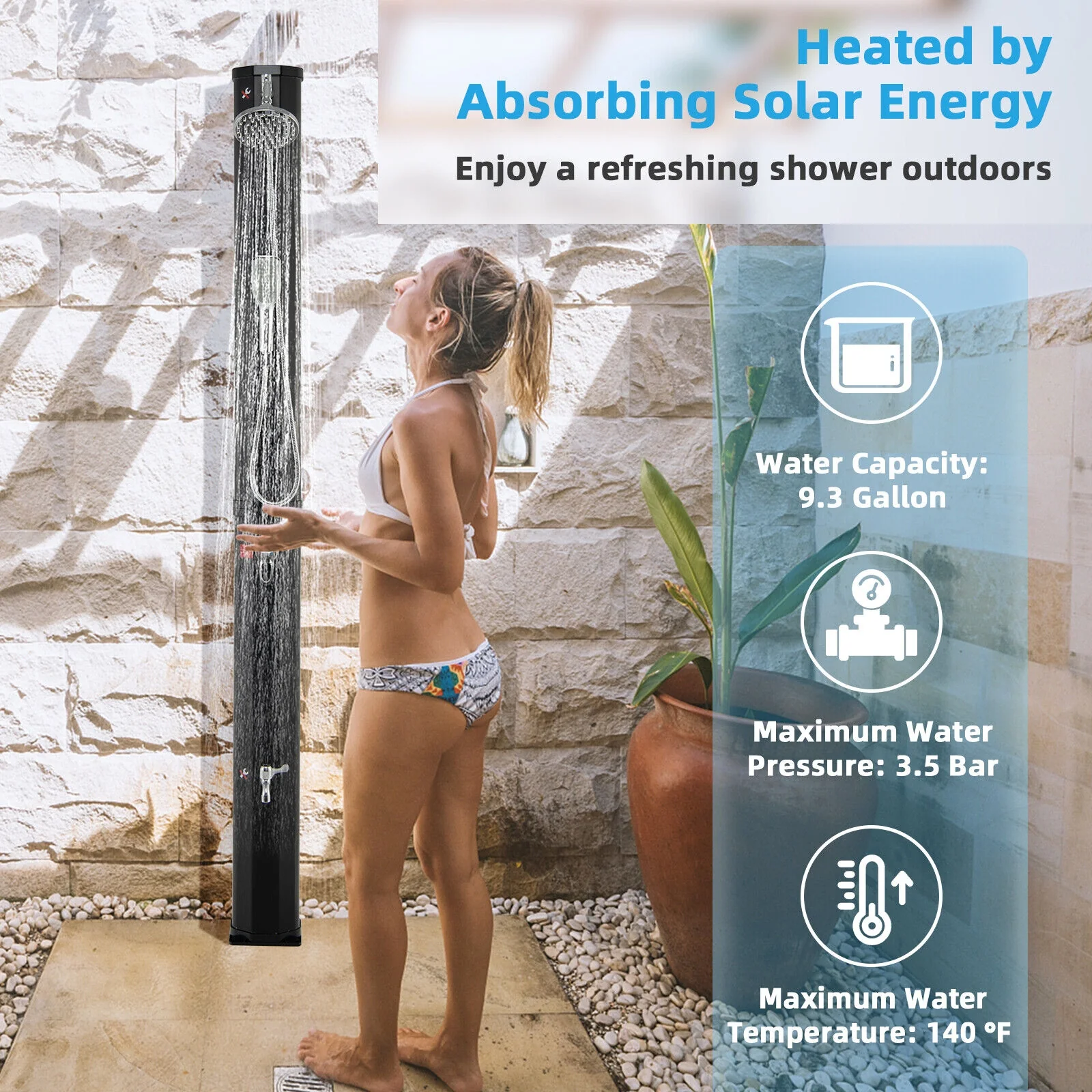 7.2 Feet 9.3 Gallon Solar Heated Shower, Hand Foot Tap, Black - Image 3