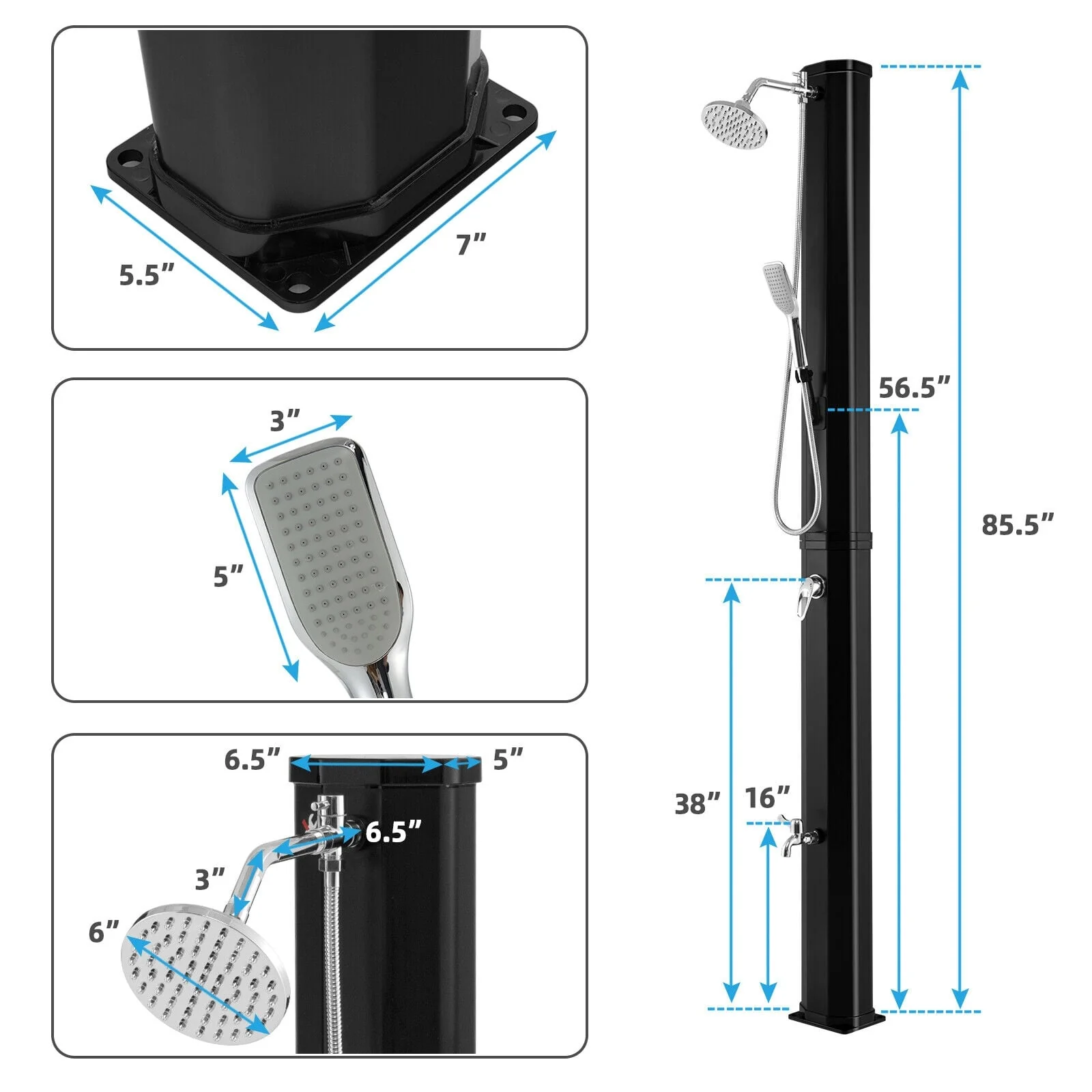 7.2 Feet 9.3 Gallon Solar Heated Shower, Hand Foot Tap, Black - Image 5