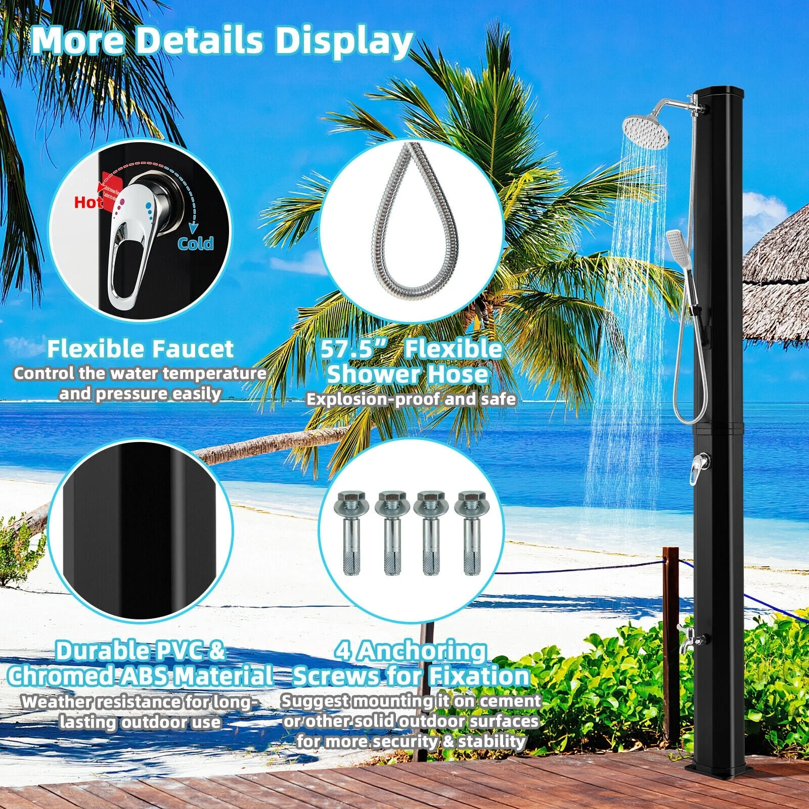 7.2 Feet 9.3 Gallon Solar Heated Shower, Hand Foot Tap, Black - Image 6
