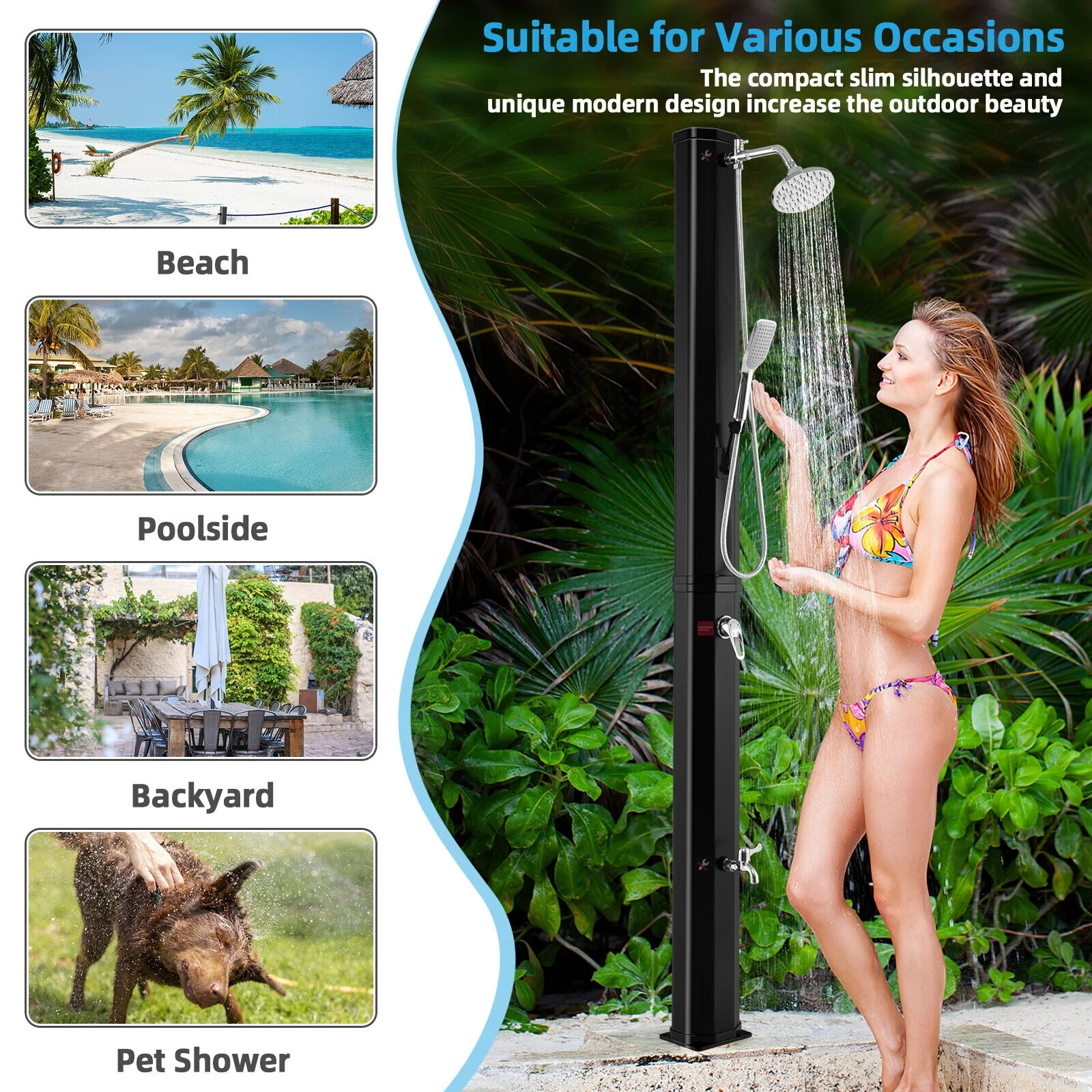 7.2 Feet 9.3 Gallon Solar Heated Shower, Hand Foot Tap, Black - Image 9