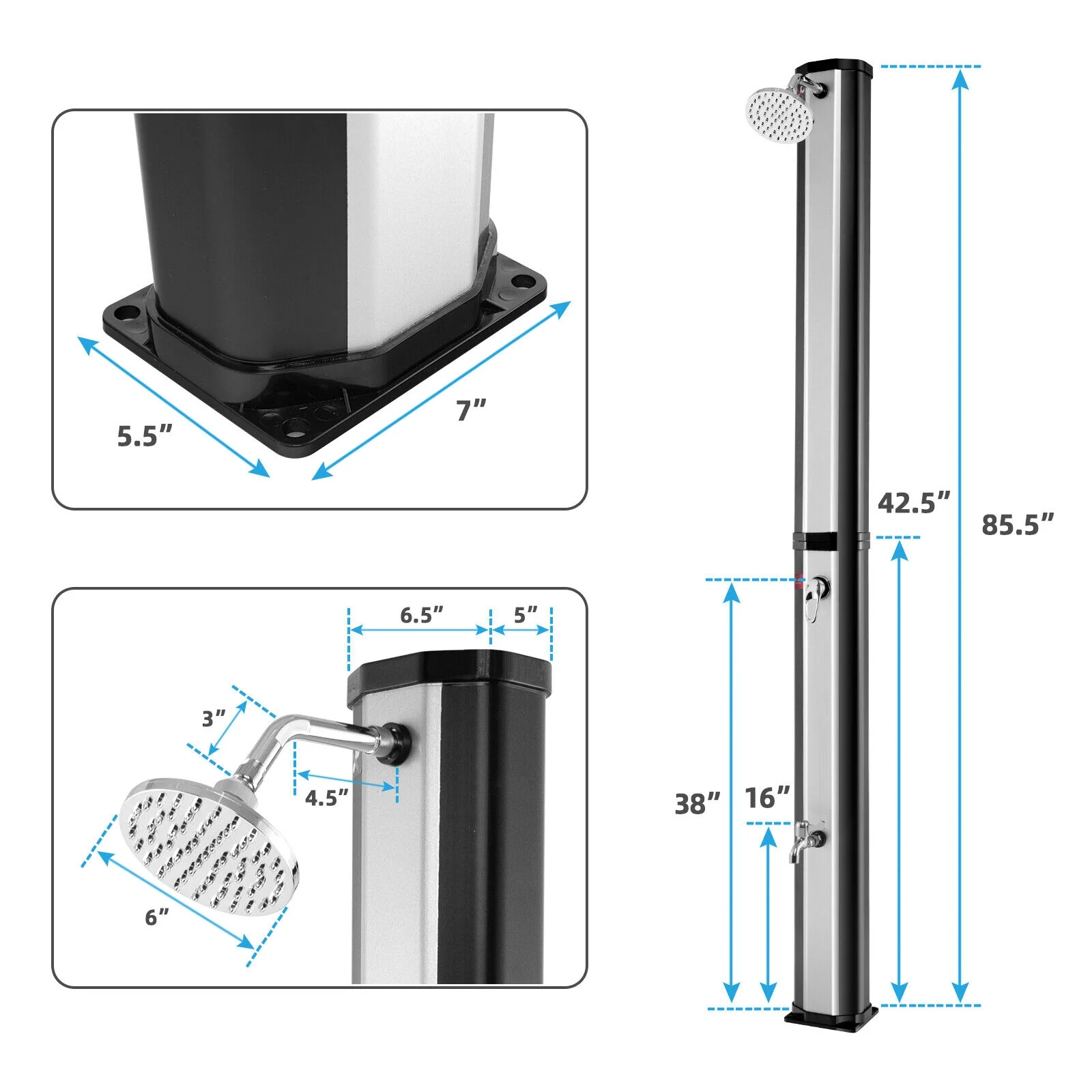 7.2 Feet 9.3 Gallon Solar Shower, Adjustable Head, Foot Tap, Black - Image 5